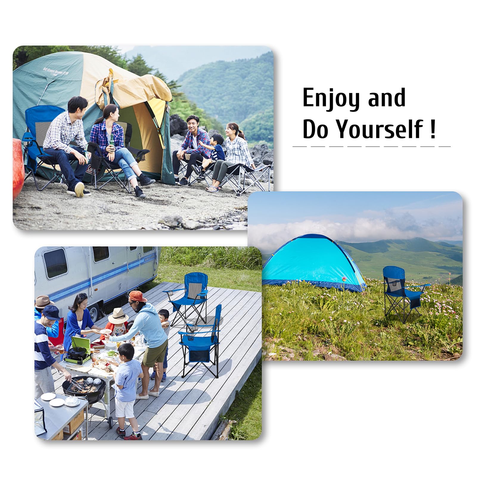 **Portable Folding Camping Chair with Cooling Mesh Back - Adjustable Armrests, 2 Cup Holders & Side Pocket - Heavy Duty 300lbs Capacity for Outdoor, Lawn, Concert & Sports - Includes Carry Bag (Blue Mesh)**