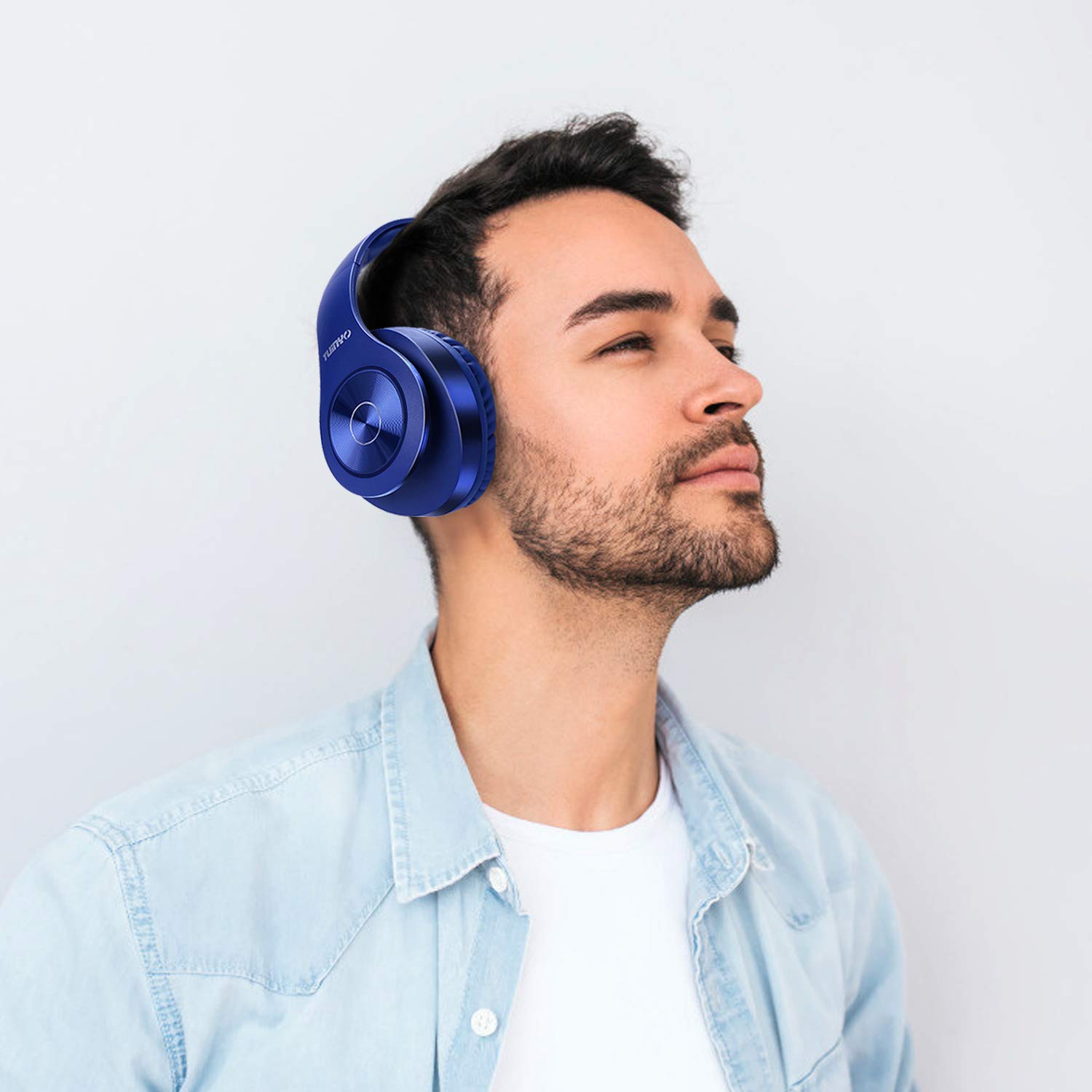 TUINYO Wireless Bluetooth Headphones Over Ear with 40H Playtime, Deep Bass & Built-in Mic - Soft Memory-Protein Earmuffs for PC, Cell Phone & TV (Dark Blue) - Perfect for Gaming, Workouts & Travel