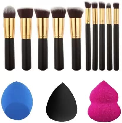 Professional Makeup Brush Set - 10 Foundation Blending Blush Eye Face Brushes + 3 Stainless Steel Powder Puffs for Liquid, Cream & Powder Cosmetics | Perfect for Makeup Artists, Beginners & Everyday Beauty Routine