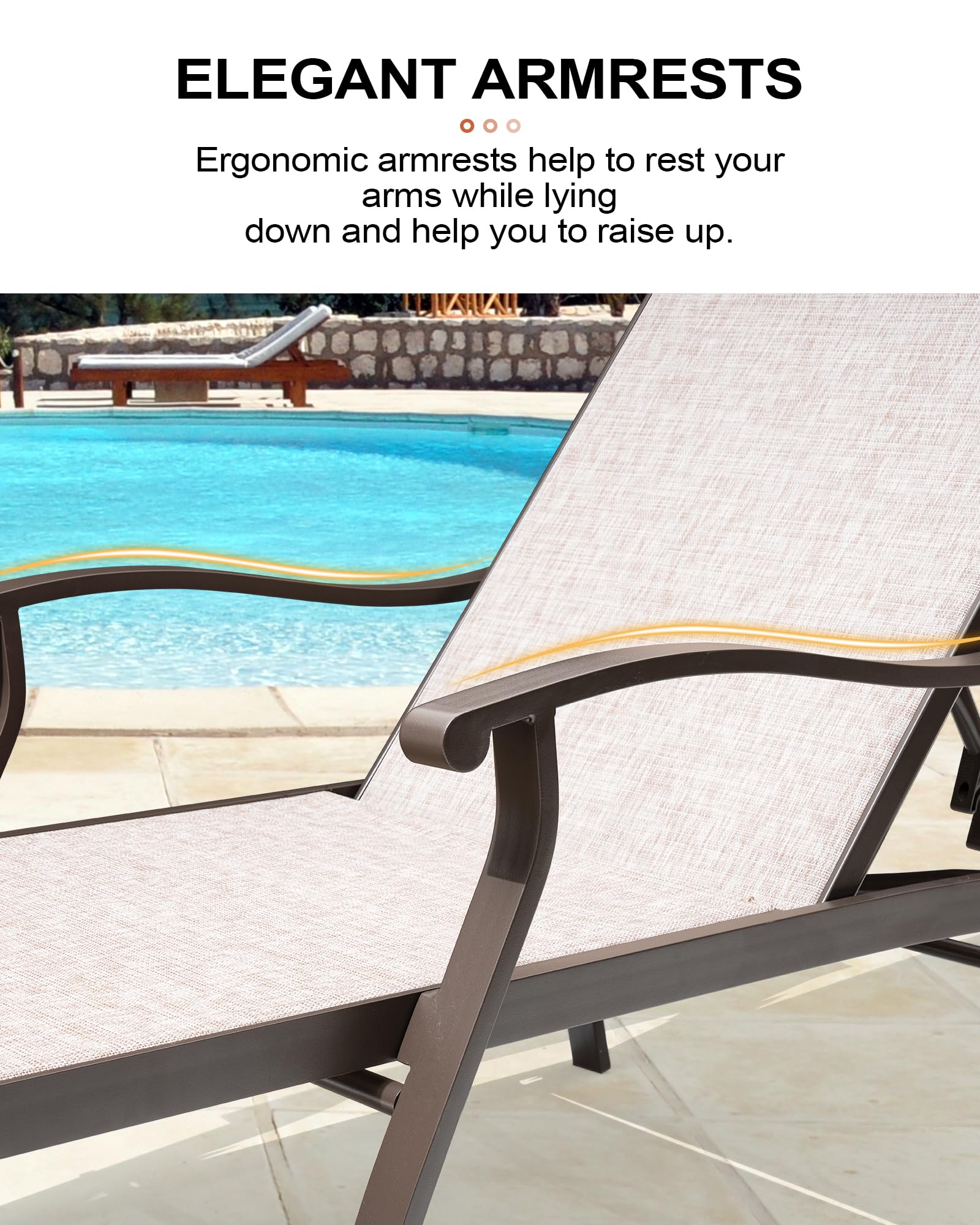Crestlive 3-Piece Aluminum Chaise Lounge Set - 5-Position Adjustable Patio Recliners, All-Weather Outdoor Lounge Chairs for Poolside, Beach, Backyard & Garden (Beige) | Perfect for Sunbathing, Relaxing & Outdoor Entertaining