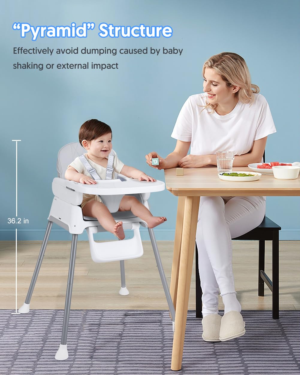 Bellababy 3-in-1 Adjustable Convertible Baby High Chair - Lightweight Portable Toddler Feeding Seat with Easy Clean Fabric - Perfect for Home, Travel & Restaurant Dining
