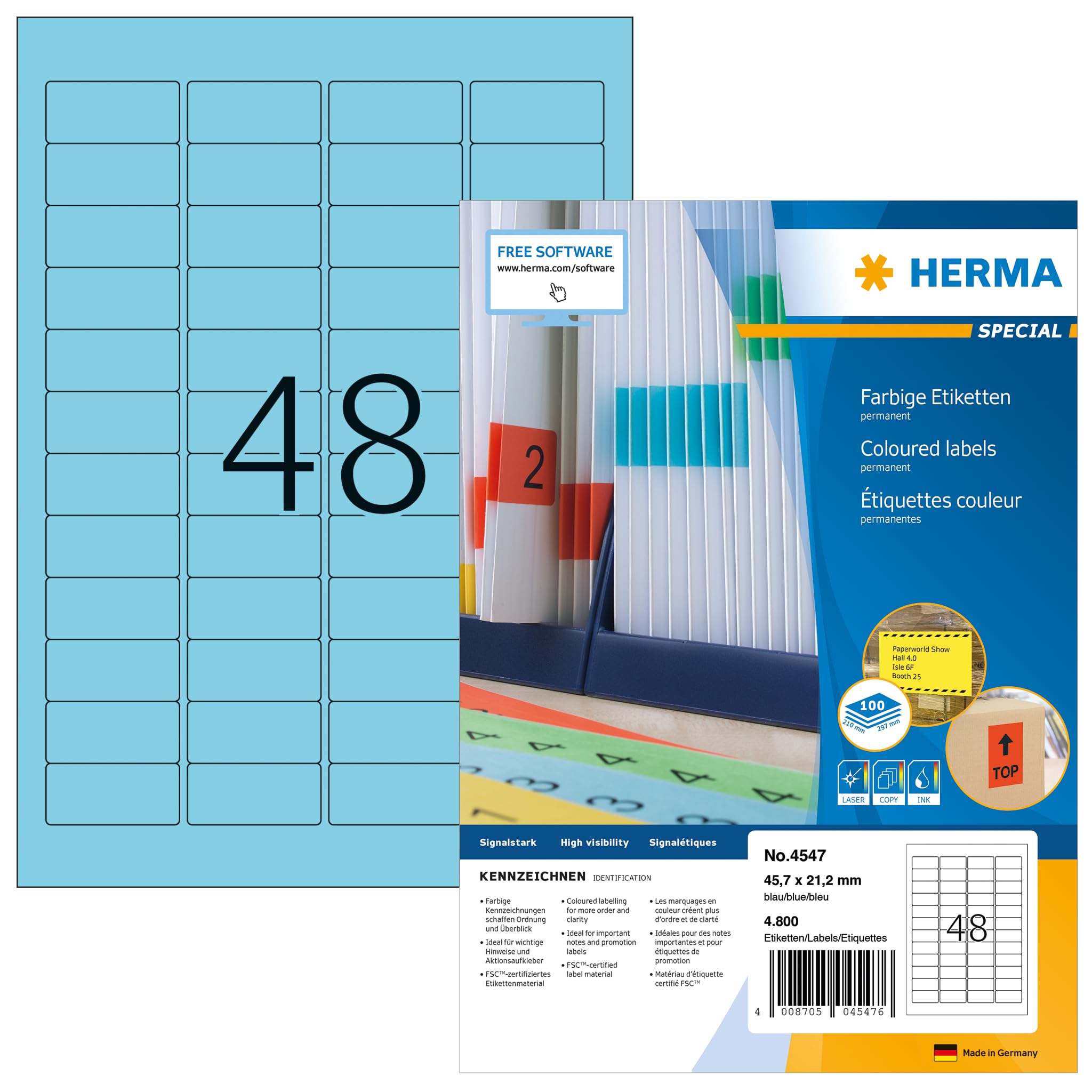 HERMA 4547 Self Adhesive Colored Labels - 48 Labels per A4 Sheet, 1400 Sheets (67,200 Labels Total) - 45.7 x 21.2 mm Blank Color Stickers for Laser & Inkjet Printers - Blue - Perfect for Office Organization, Shipping Labels & Product Packaging
