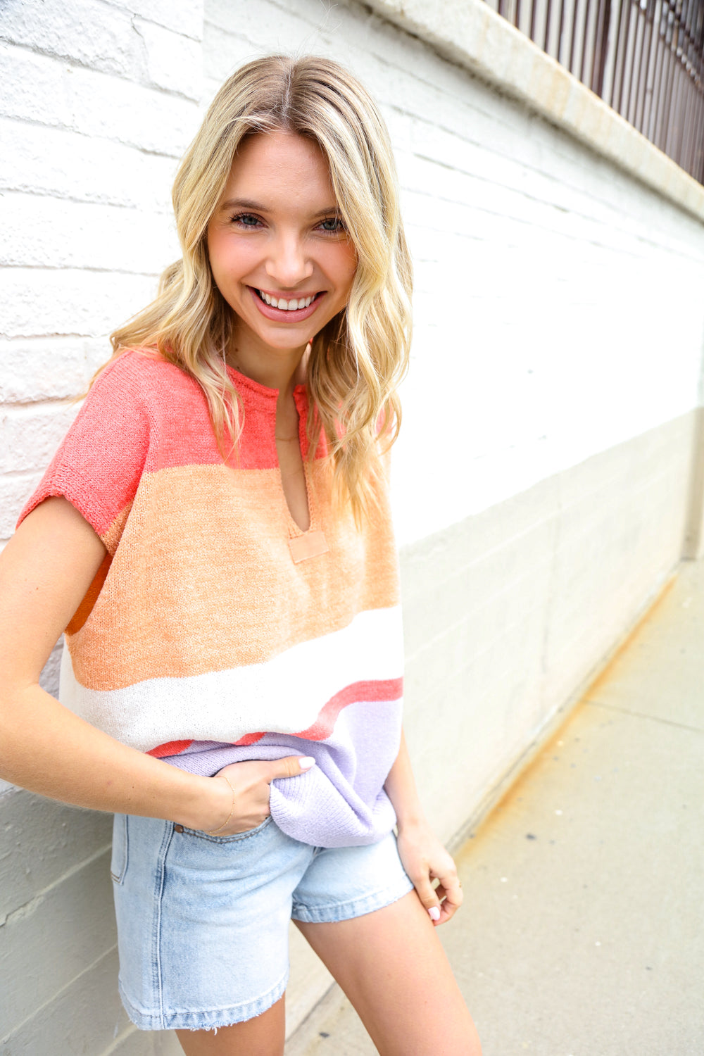 Coral Notched Neck Drop Shoulder Sweater Top for Women - Elegant Loose Fit Knit Pullover for Casual Outings & Date Nights