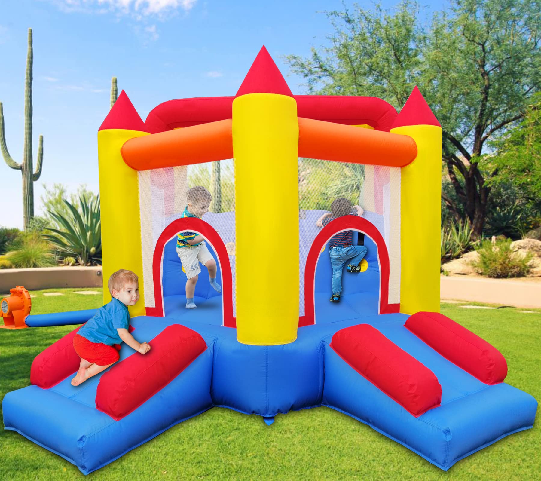 Inflatable Bounce House with 4 Slides & Large Splash Pool - Kids Water Park with Ultra-Wide Climbing Wall, Jumping Area, Water Cannons & Surprise Sprayers for Ages 3-10 (20.6'L x 9.6'W x 6.4'H) - Perfect for Backyard Birthday Parties, Summer Fun & Outdoor Family Activities