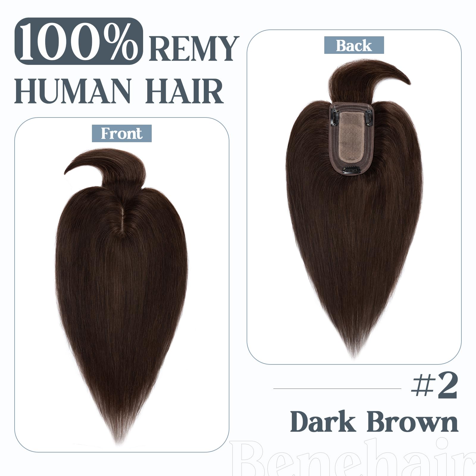 Premium Benehair Clip-In Hair Toppers for Women - 12 Inch #2 Dark Brown 150% Density Remy Human Hair with Bangs (7x13cm Silk Base) - Natural Solution for Thinning Hair | Perfect for Daily Wear, Special Occasions & Styling