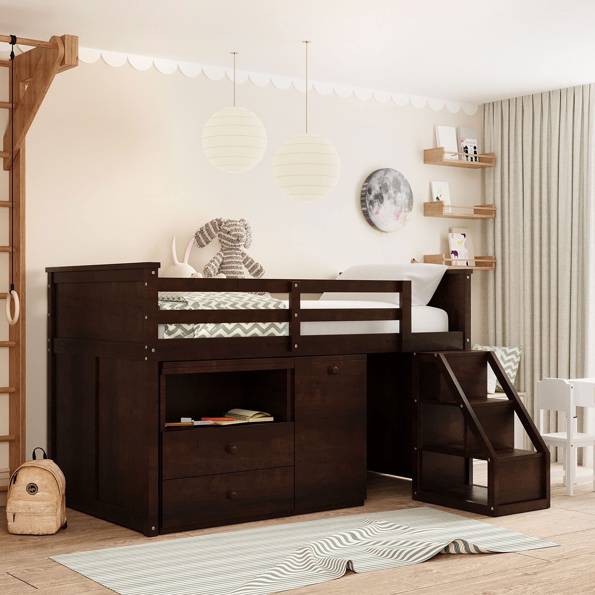 **Low Study Twin Loft Bed with Storage Steps & Portable Desk – Space-Saving Kids Bed for Boys & Girls – Sturdy Climbing Design, No Box Spring Needed (Espresso) – Perfect for Small Bedrooms, Dorm Rooms & Play Areas**