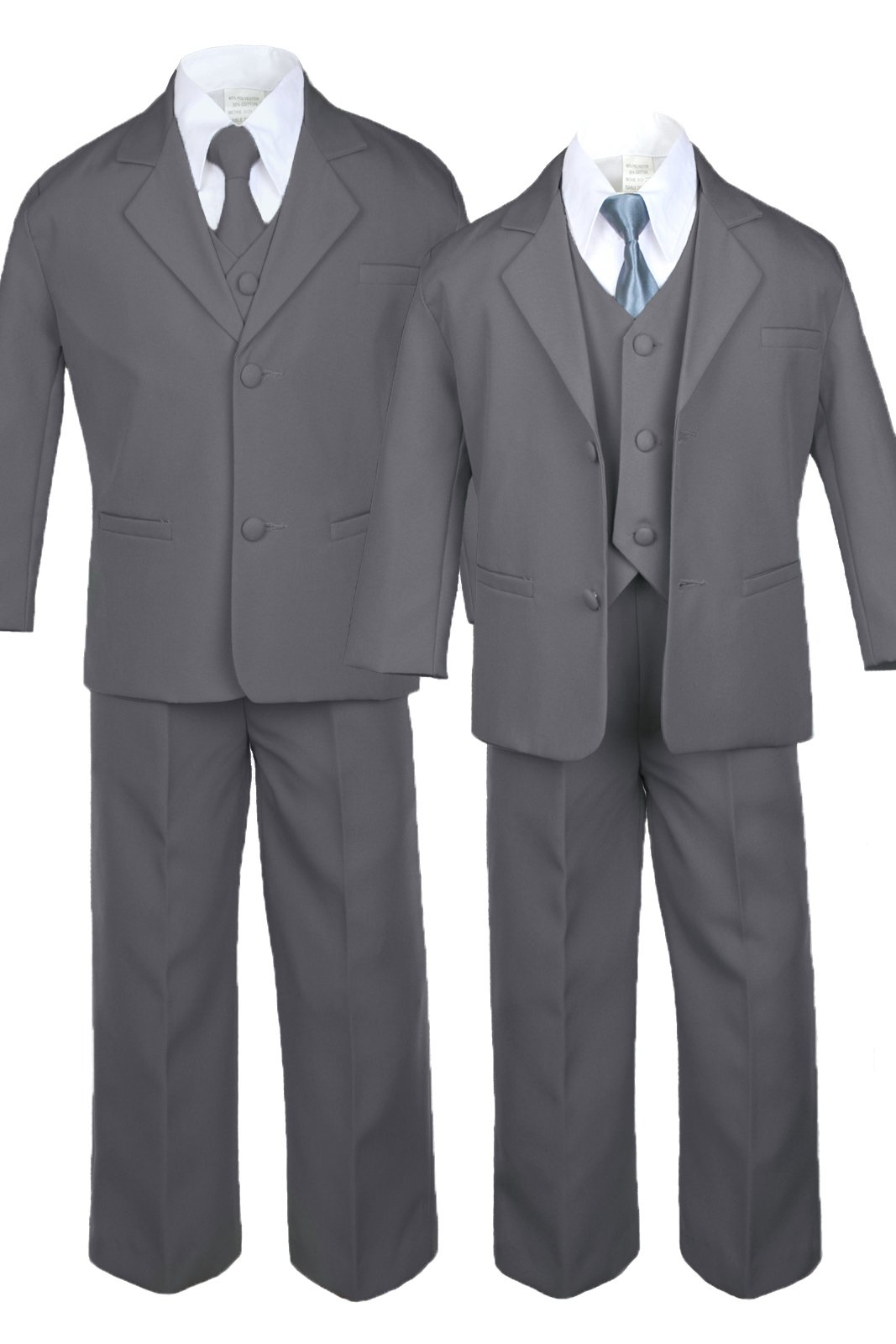6-Piece Boys' Dark Grey Suit Set with Satin Leopard Print Necktie - Formal Outfits for Baby, Kid & Teen - All Sizes (18-24 Months XL) - Perfect for Weddings, Parties & Special Occasions