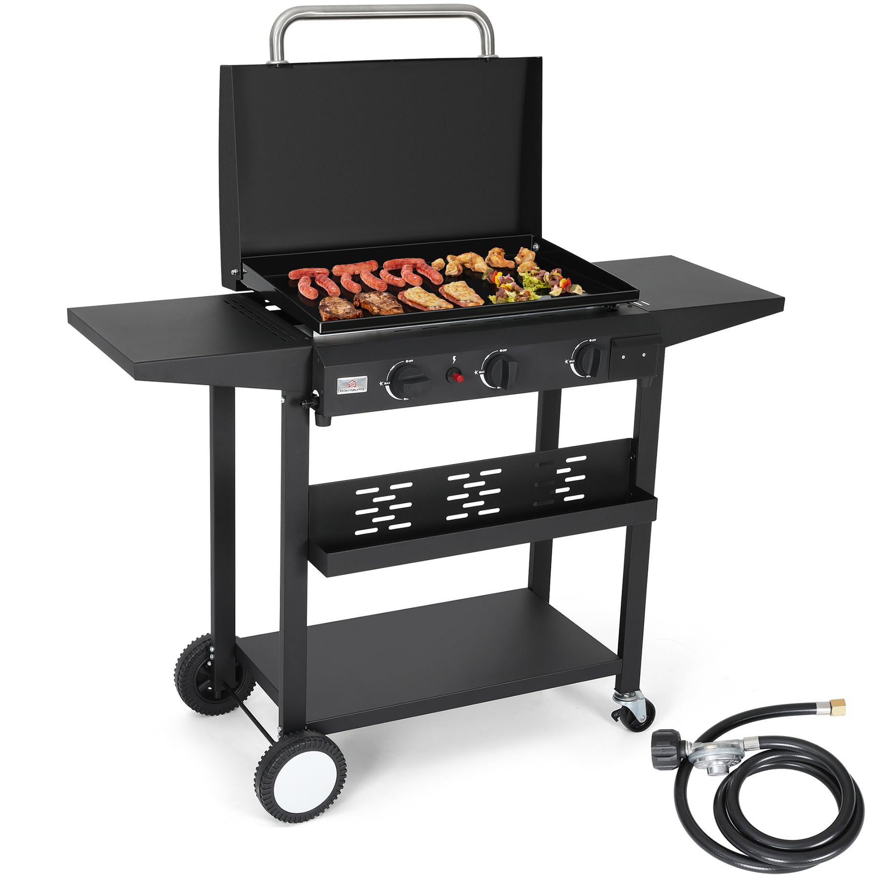 2-in-1 Propane Griddle & Grill - 24,600 BTU Portable Flat Top Grill with Lid - 3 Burner Stainless Steel Outdoor Cooking Station with Wheels & Side Shelves - Perfect for Backyard BBQ, Tailgating, Camping & Outdoor Kitchen Use
