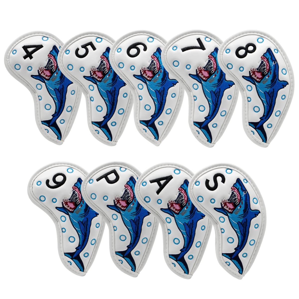 Premium PU Leather Golf Iron Club Head Covers Set with Shark Embroidery - Protective Case for Golf Clubs (White/Orange/Blue) - Perfect for Golf Course Protection & Style Enhancement