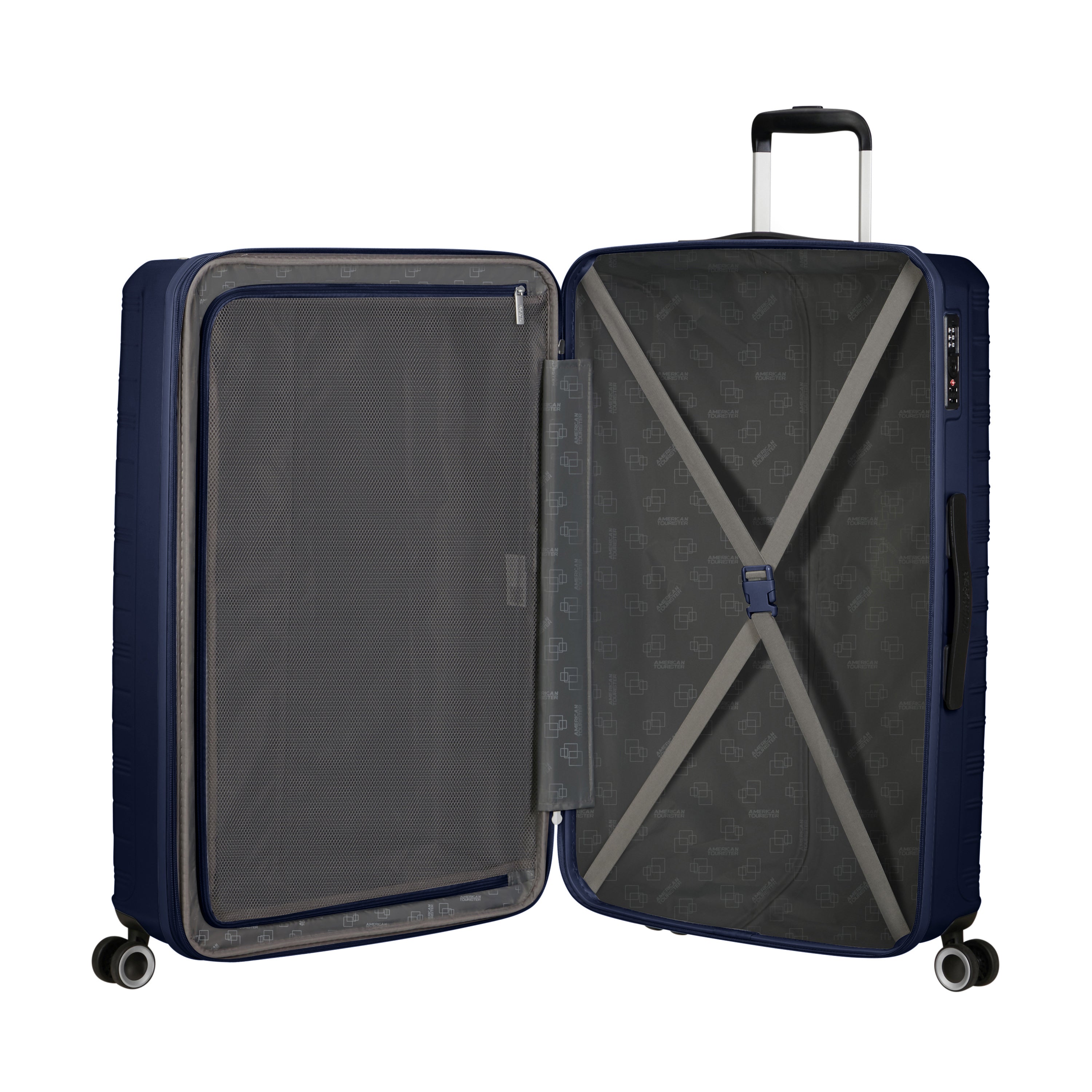 American Tourister Surftime Spinner 3-Piece Luggage Set - Lightweight Expandable Suitcase with 360° Wheels for Travel, Vacation & Business Trips (Black/Blue) - Perfect for Airplane Carry-On & Checked Baggage