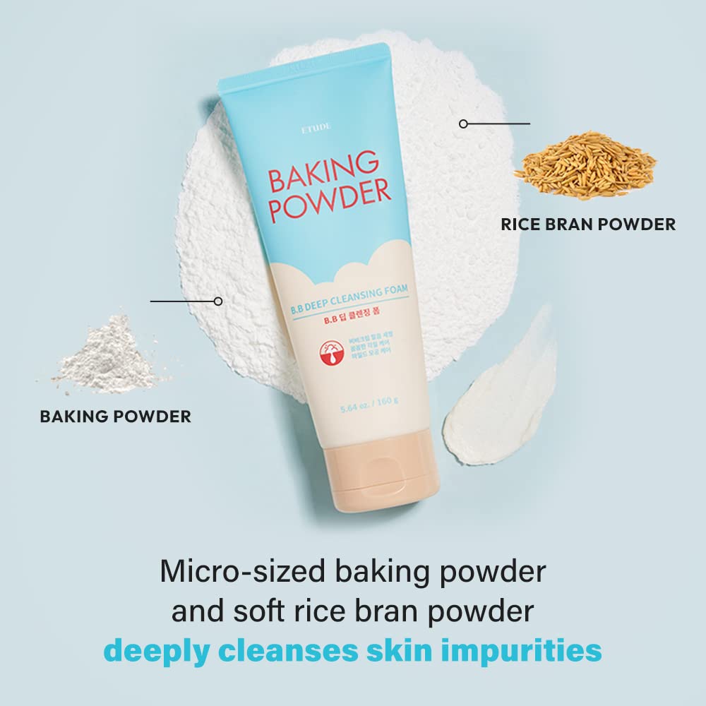 ETUDE Baking Powder B.B Deep Cleansing Foam 5.4 fl.oz (160ml) - Korean Exfoliating Face Wash for Blackheads & Dead Skin Removal | K-Beauty Skincare, Gentle Pore Cleanser, Perfect for Daily Use & Gift Giving