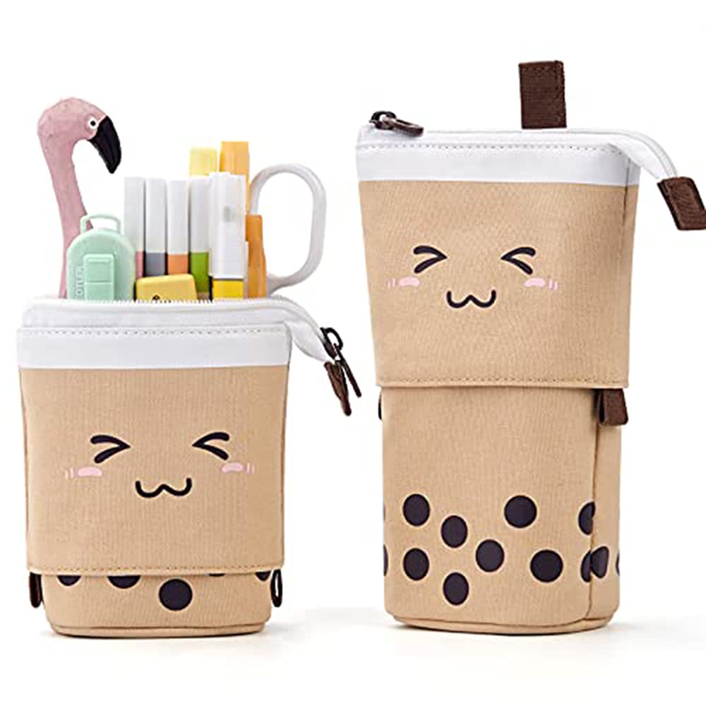 Expandable Bubble Boba Pencil Case - Pop-Up Cosmetic & Stationery Organizer for School, Office, Travel (Brown)