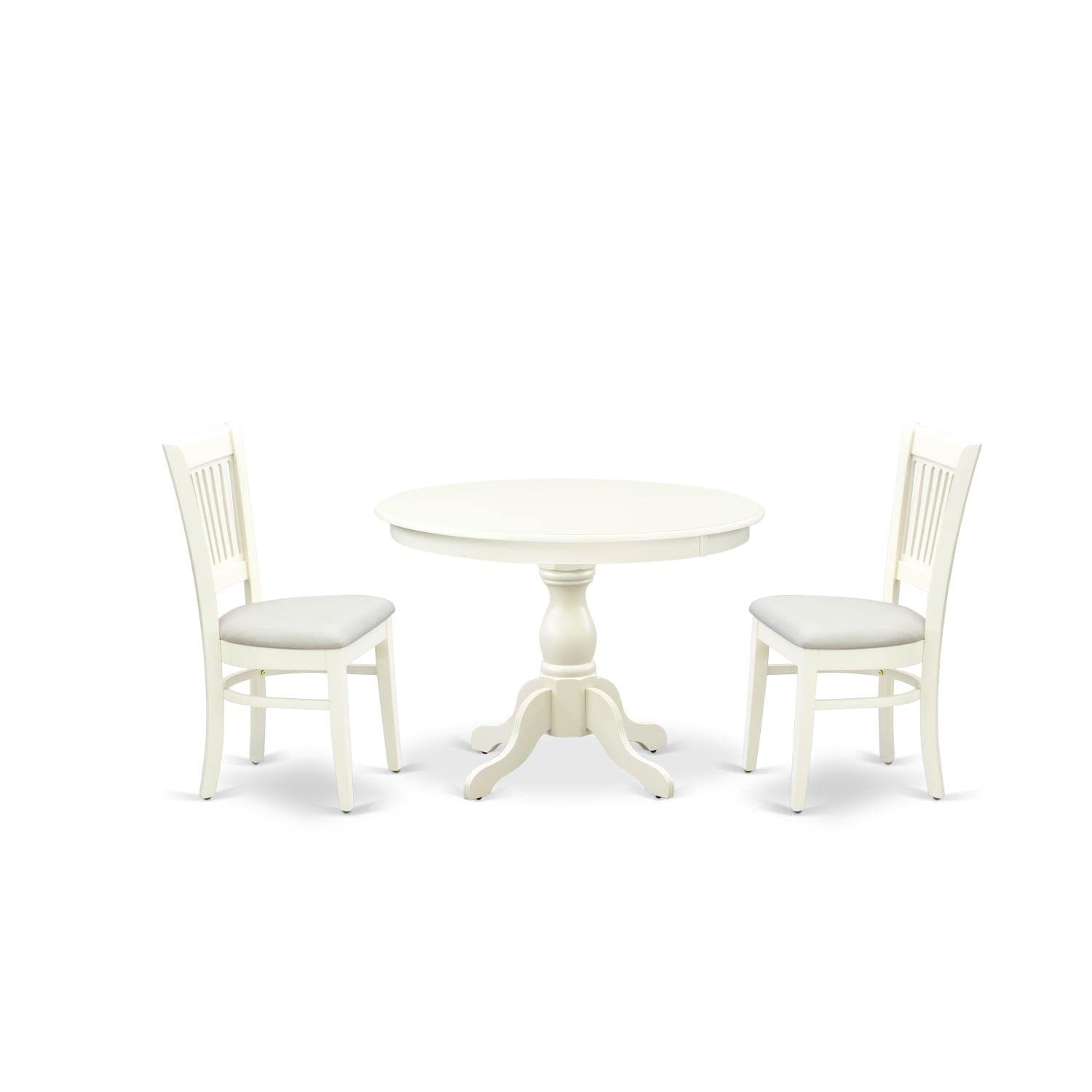 East West Furniture HBVA3-LWH-C 3-Piece Round Dining Set with Pedestal Table & 2 Linen Upholstered Chairs, 42x42 Inch, Linen White - Perfect for Small Spaces, Breakfast Nooks & Cozy Apartment Dining