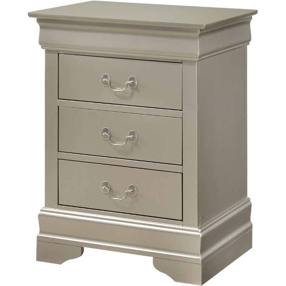 Glory Furniture Louis Phillipe 3-Drawer Nightstand in Silver Champagne - Elegant Bedside Table for Bedroom Decor & Storage
