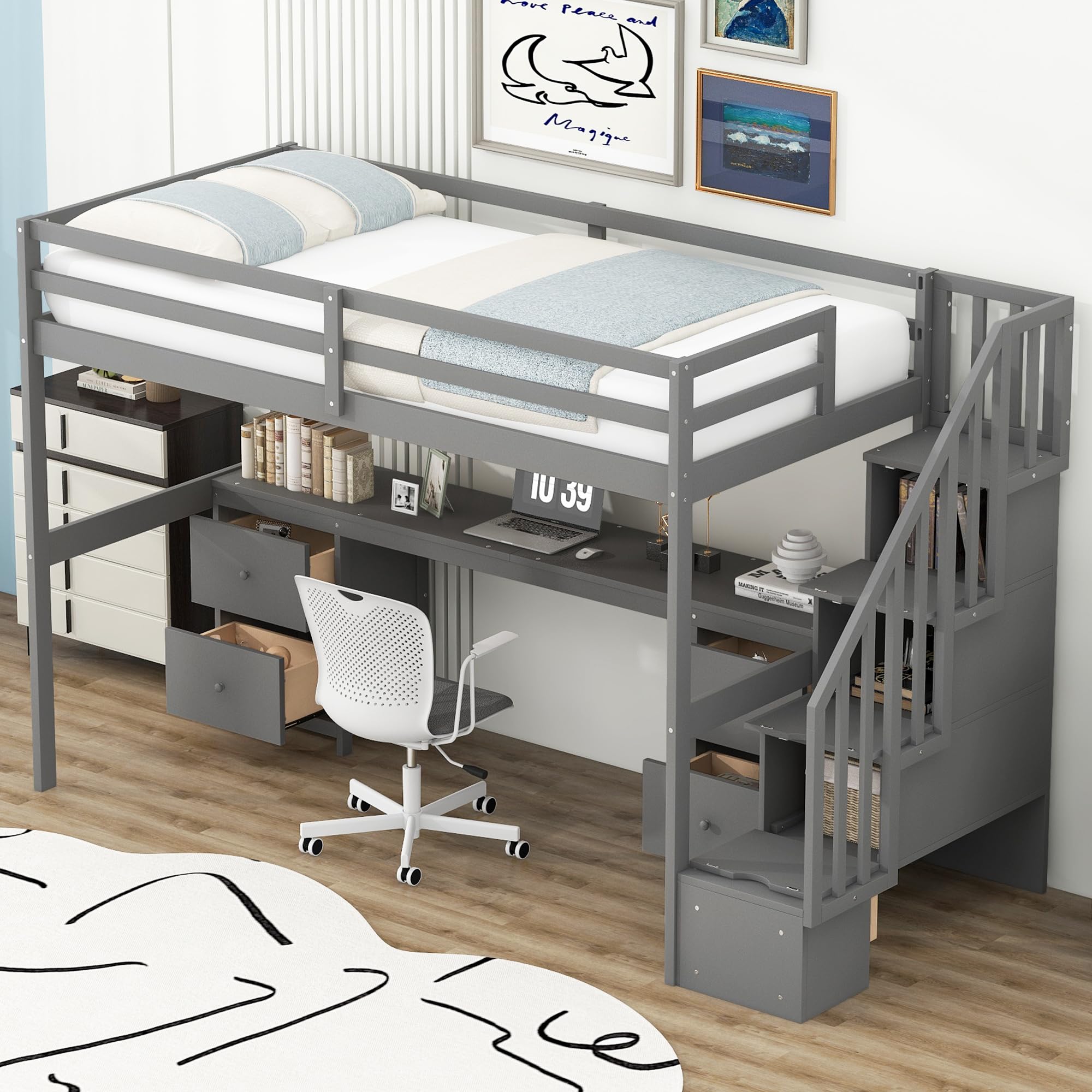 Harper & Bright Designs Twin Size Wood Loft Bed with Stairs, Desk & Storage Drawers - Space Saving Kids Bedroom Furniture for Small Rooms, Dorm or Apartment