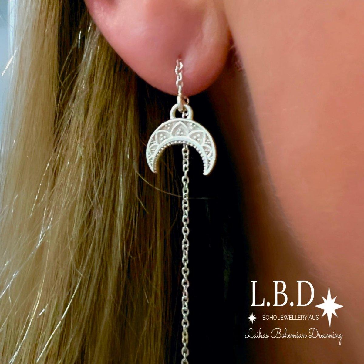 Laihas La Luna Crescent Moon Sterling Silver Threader Earrings for Women - Dainty Minimalist Jewelry for Everyday Wear & Special Occasions