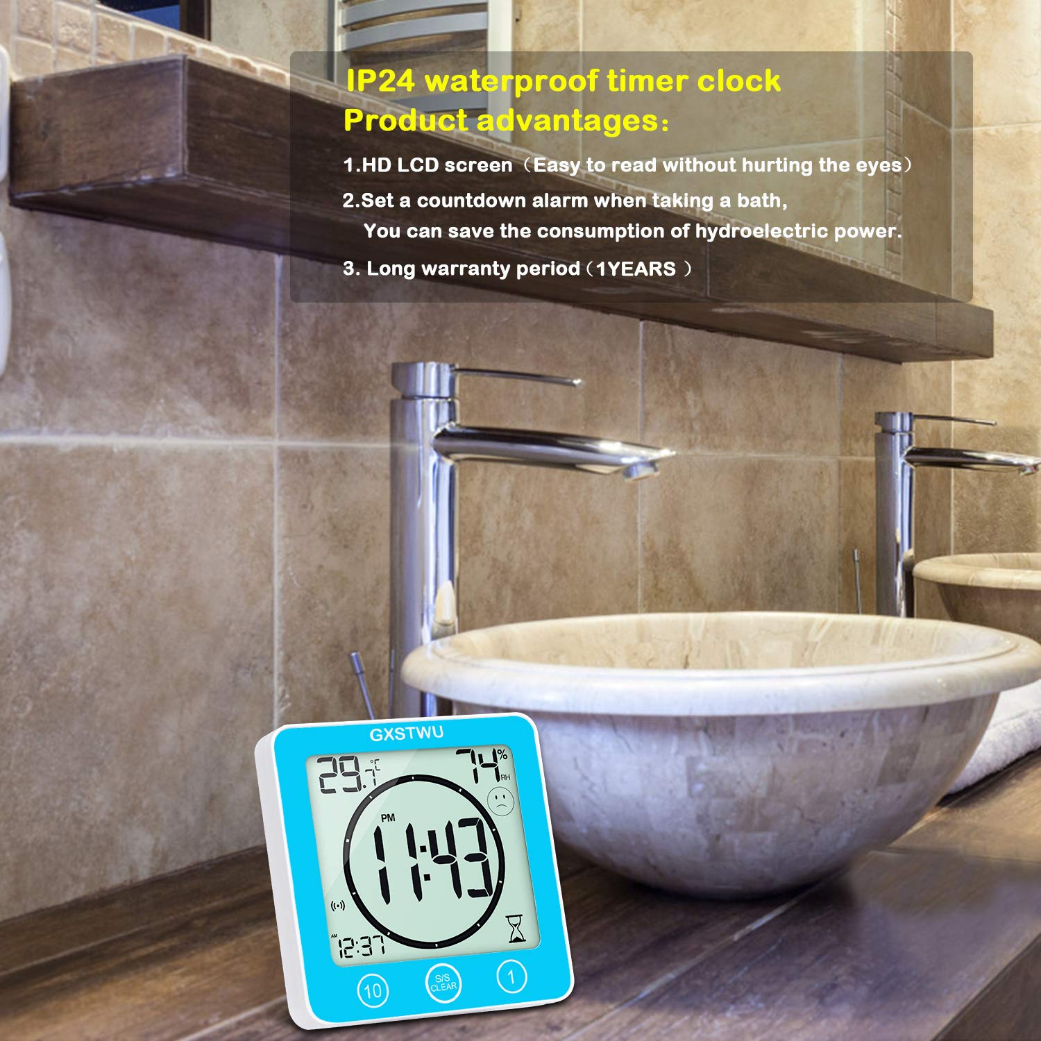 Waterproof Digital Shower Clock with Timer - Touch Screen Bathroom Alarm Clock with Count Up/Down, Temperature & Humidity Display - Wall Mount, Magnetic, Suction Cup or Stand (Blue) - Perfect for Bathroom, Kitchen, Gym & Home Use