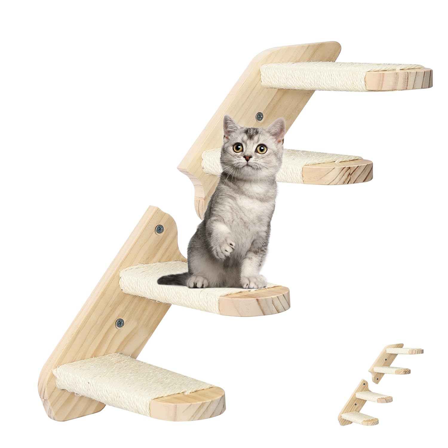 Reversible Wooden Cat Wall Steps & Shelves - 4-Step Climbing Shelf with Sisal Scratching Rope | Wall-Mounted Cat Perch Platform for Large Cats | Perfect for Small Spaces, Cat Exercise & Play Areas