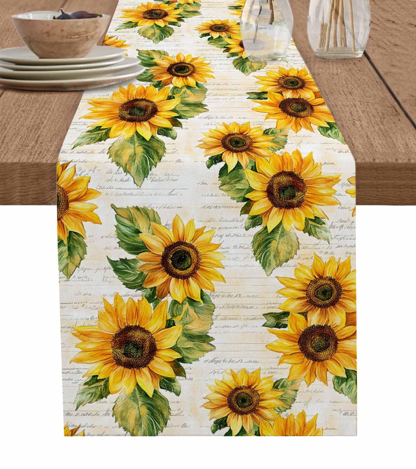 Sunflower Cotton Linen Table Runner 13x90 Inch - Rustic Farmhouse Kitchen Decor for Dining Table, Wedding Banquet, Party & Holiday Celebrations - Perfect for Family Dinners, Bridal Showers & Home Decoration