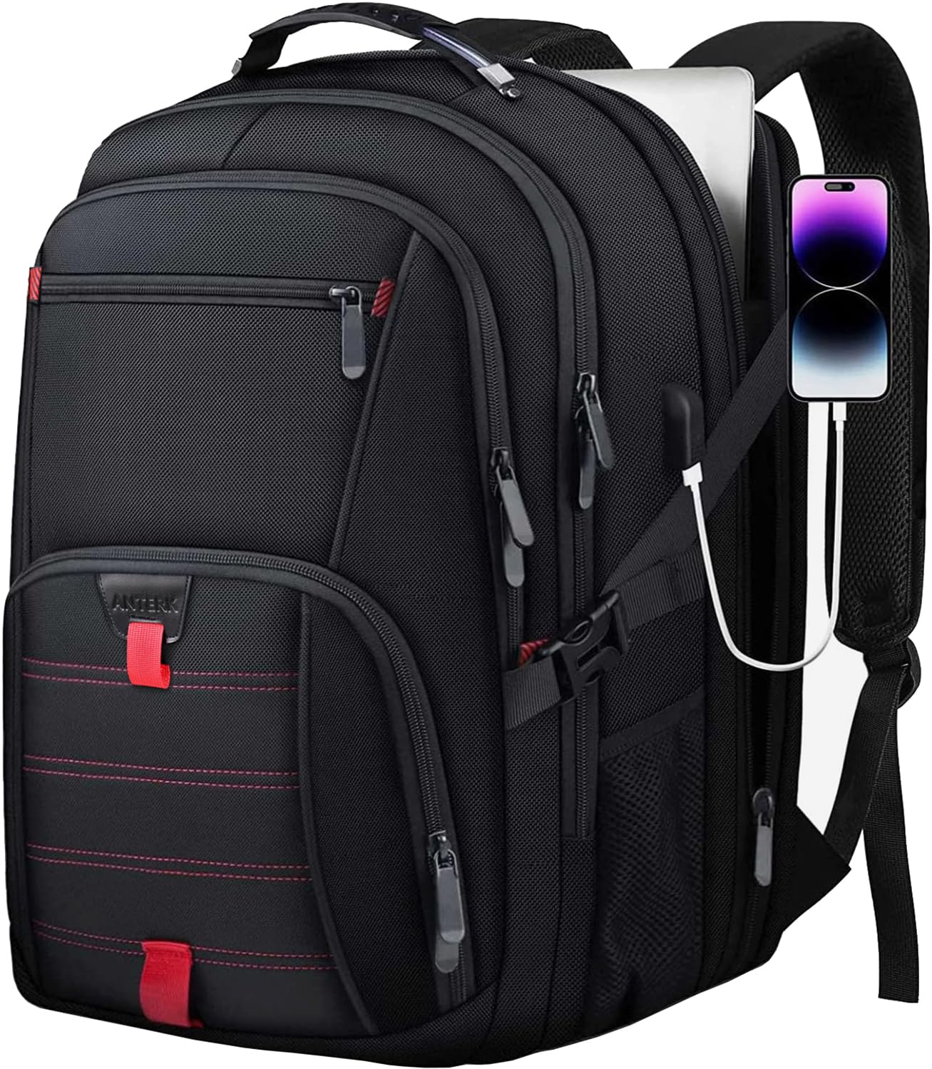 Extra Large 18.4 Inch Travel Laptop Backpack for Men & Women - 55L Anti-Theft Water Resistant USB Charging Port - TSA Approved Airline Business Computer Backpack - Perfect for College, Work & Travel (Black)