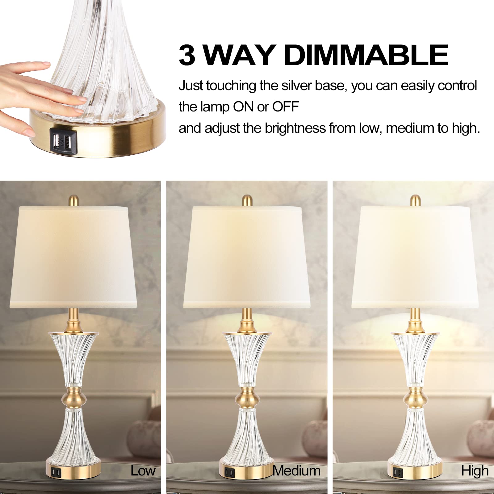 Modern Touch Table Lamps Set of 2 - 3-Way Dimmable Gold Glass Bedside Lamps with USB Charging Ports (2 Bulbs Included) for Bedroom, Living Room & Nightstand - Perfect for Reading, Relaxing and Charging Devices