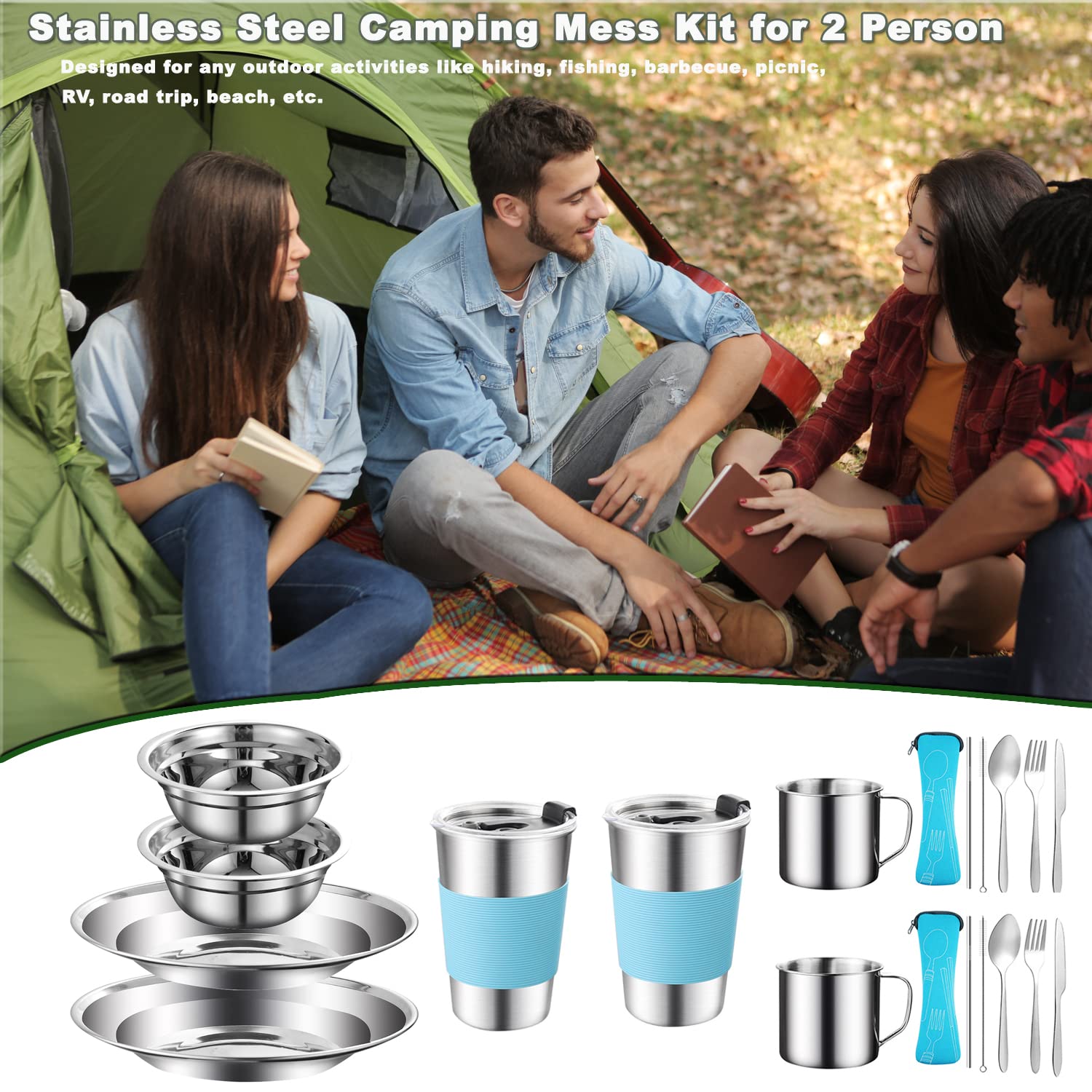 Stainless Steel Camping Mess Kit for 2 - Plate, Bowl, Cup & Utensils | Perfect for Camping, Backpacking & Hiking