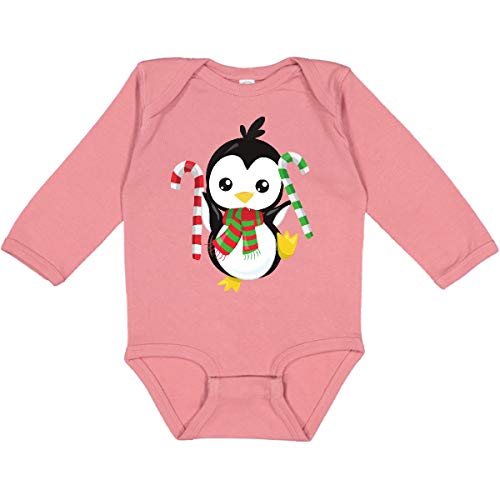 Inktastic Christmas Penguin Baby Bodysuit - Cute Penguin with Scarf & Candy Cane Print Long Sleeve Creeper for Holiday Photos & Family Gatherings