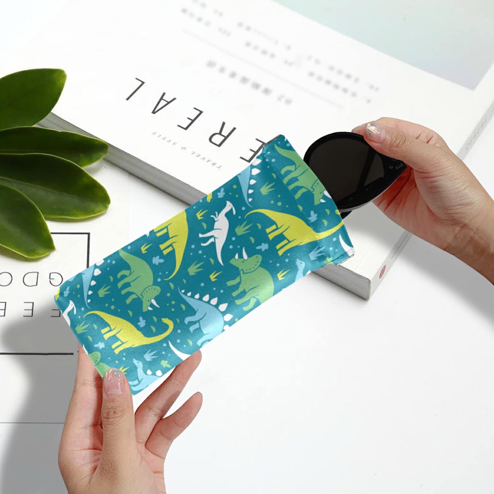 Dinosaur Sunglasses Case - Soft PU Leather Eyeglass Holder with Squeeze Top for Men, Women & Kids | Portable Glasses Pouch for Travel, Beach, Outdoor Activities