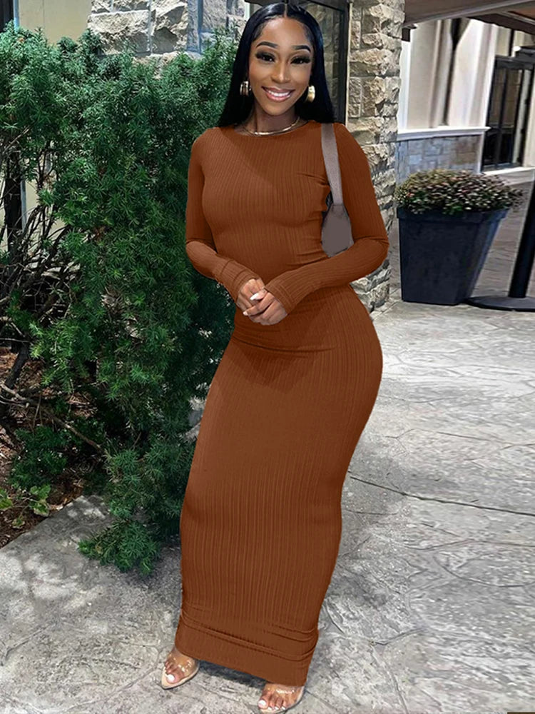 Y2K Autumn Long Sleeve Bodycon Maxi Dress for Women - Elegant O-Neck Solid Party Dress 2023 | Perfect for Club Nights, Streetwear Fashion & Formal Occasions