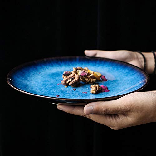 Blue Glazed Porcelain Dinner Plates Set of 4 - Elegant Round Flat Plates for Fine Dining, Wedding Registry & Home Decor