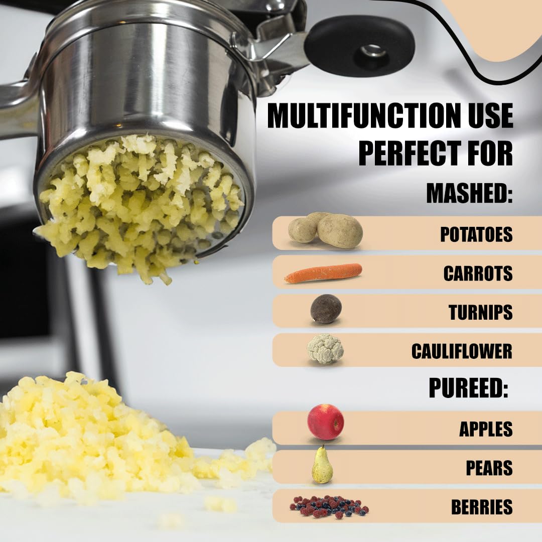 Premium 15 oz Stainless Steel Potato Ricer & Masher with 3 Interchangeable Discs - Heavy Duty Kitchen Tool for Perfect Mashed Potatoes, Baby Food & Purees - Ideal for Home Cooking, Restaurants & Meal Prep