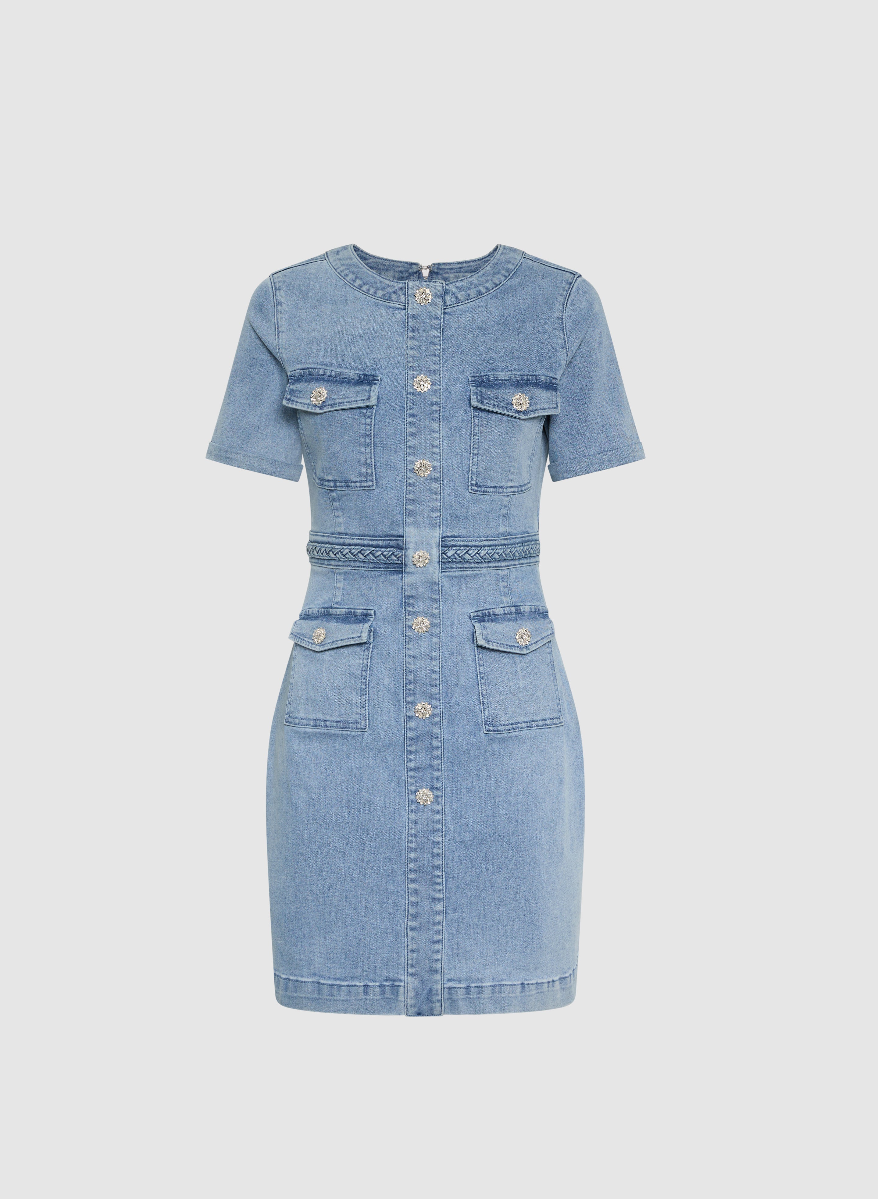 Crystal Embellished Denim Button Dress for Women | Elegant Party & Date Night Outfit
