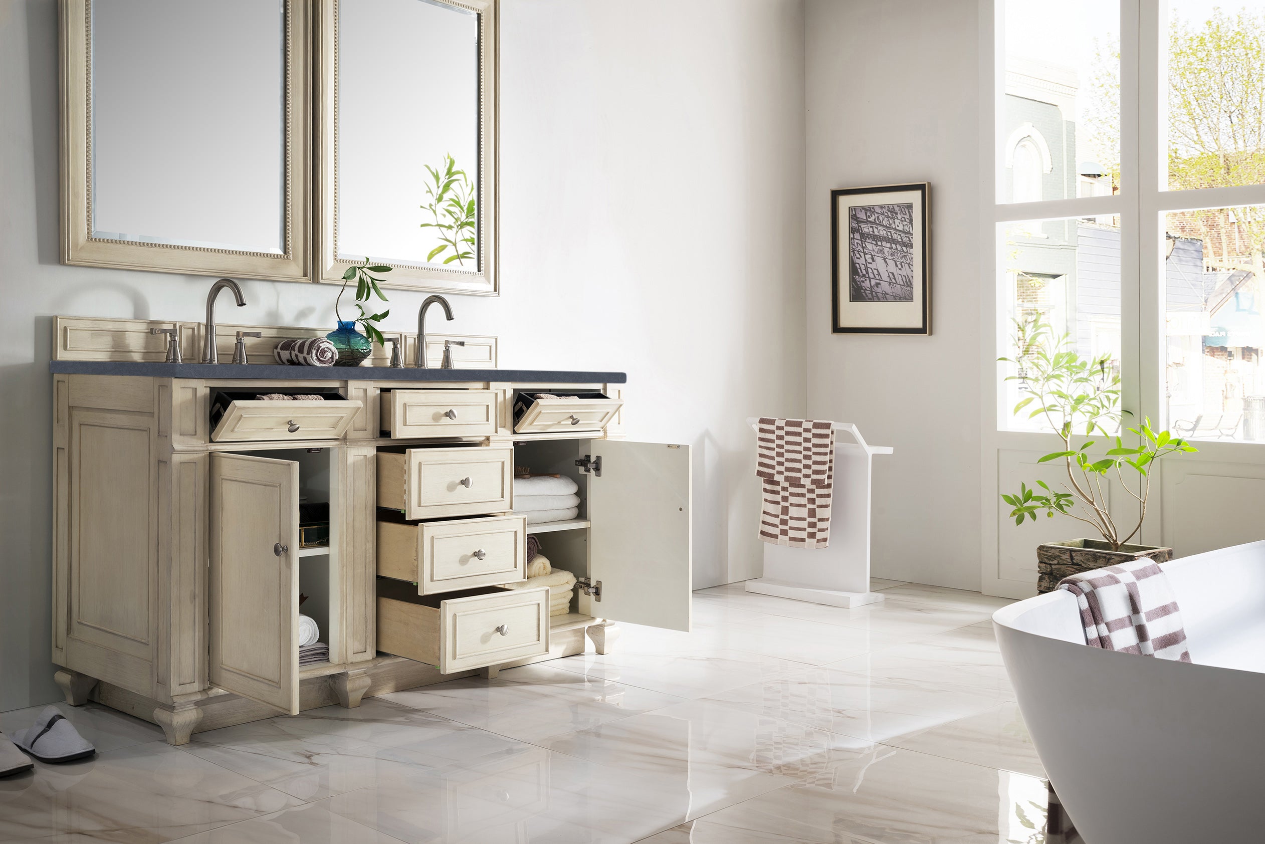 Bristol 60-Inch Double Vanity with 3CM Charcoal Soapstone Quartz Top in Vintage Vanilla - Perfect for Master Bathroom Renovation & Luxury Home Upgrade