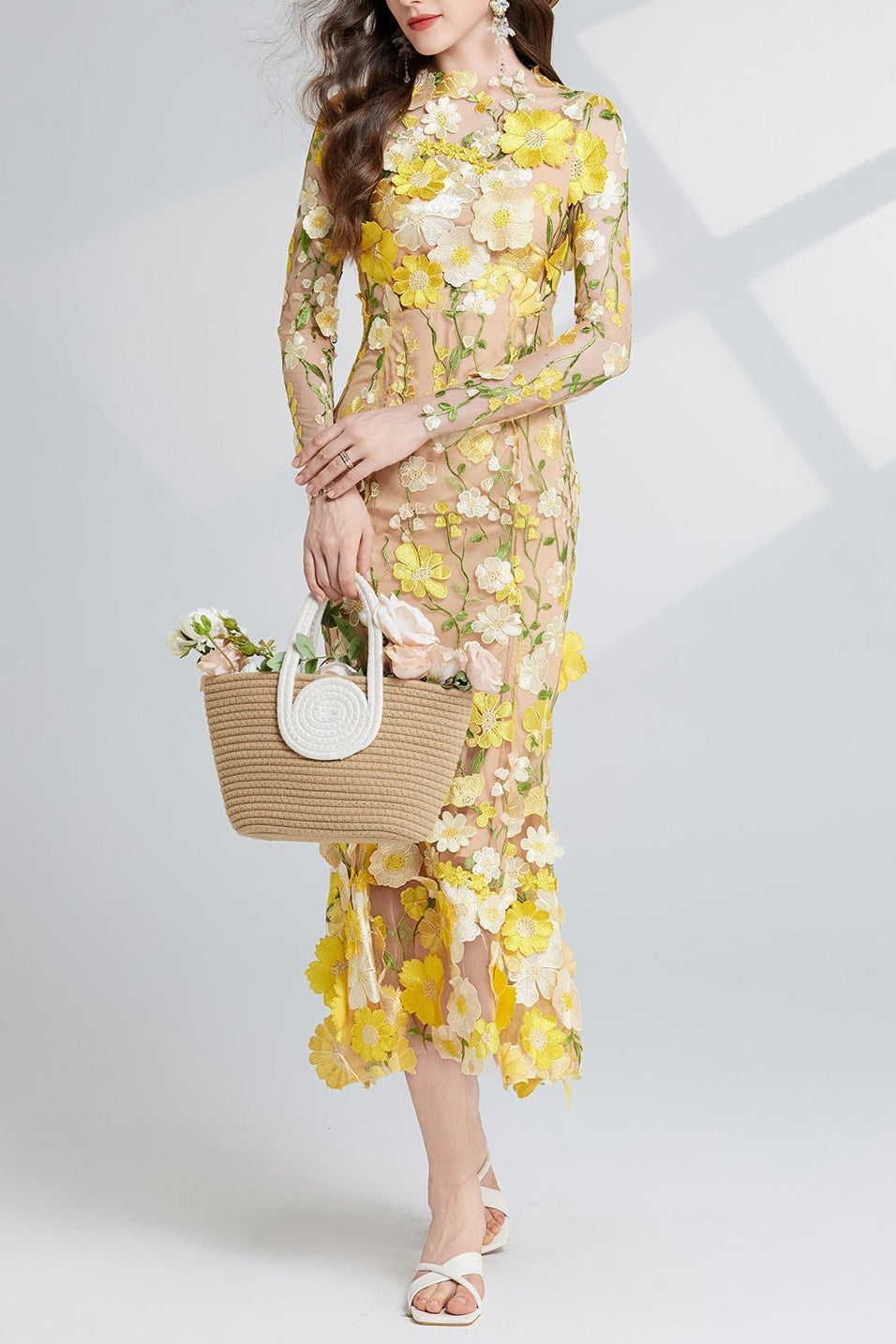 Carol Yellow Floral Embroidered Mesh Long Sleeve Midi Dress - Perfect for Spring Weddings, Garden Parties & Boho Chic Outfits