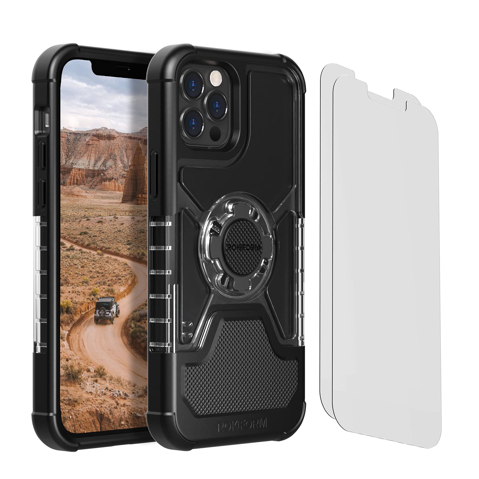 Rokform Crystal Clear iPhone 12 Pro Max Case with 2-Pack Tempered Glass Screen Protector - Shockproof Protective Cover for Everyday Use, Outdoor Activities & Travel