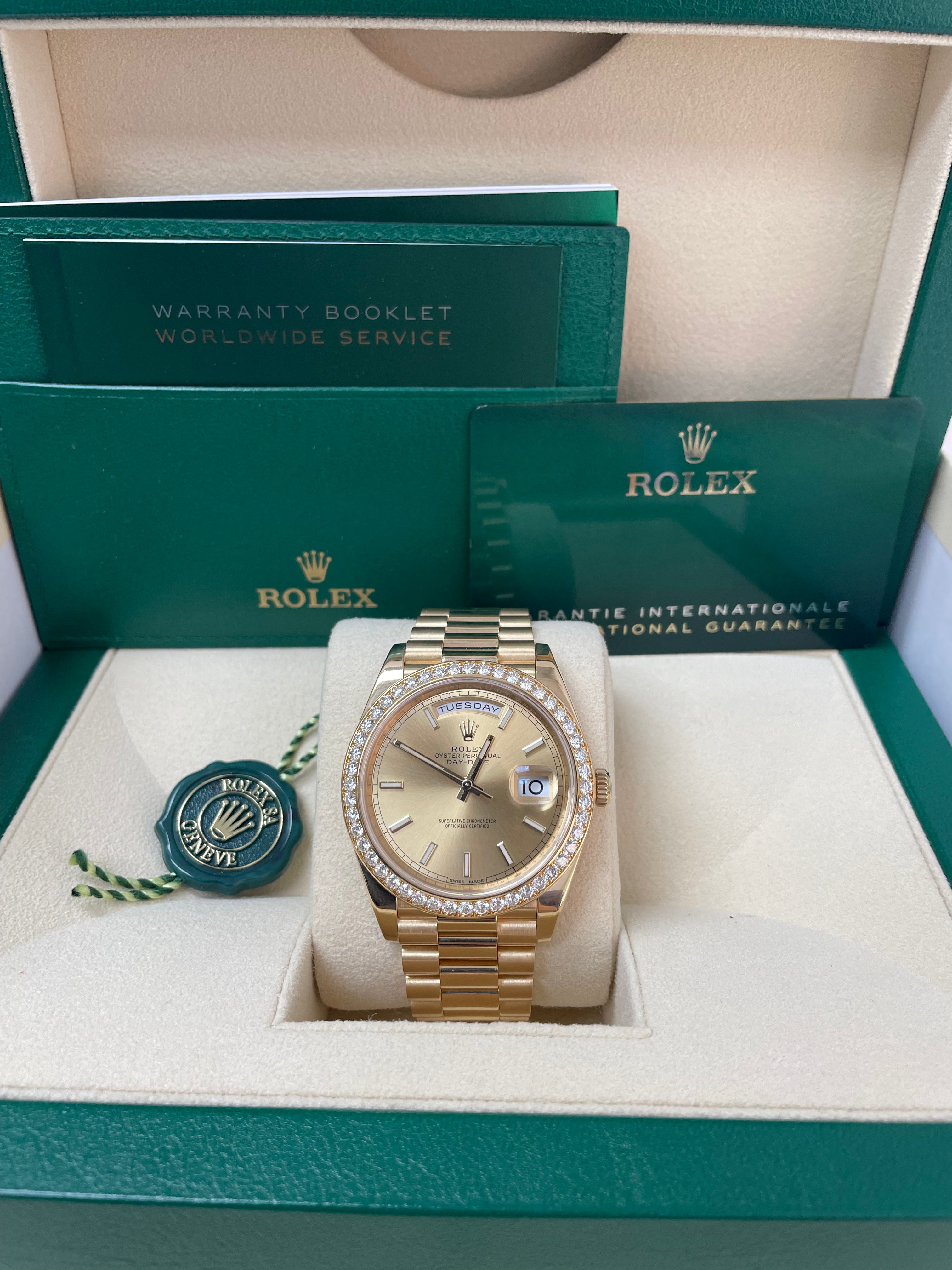 Rolex Day Date 40 Yellow Gold Watch with Champagne Dial & President Bracelet | Luxury Men's Dress Watch for Business & Formal Occasions | Ref# 228348RBR