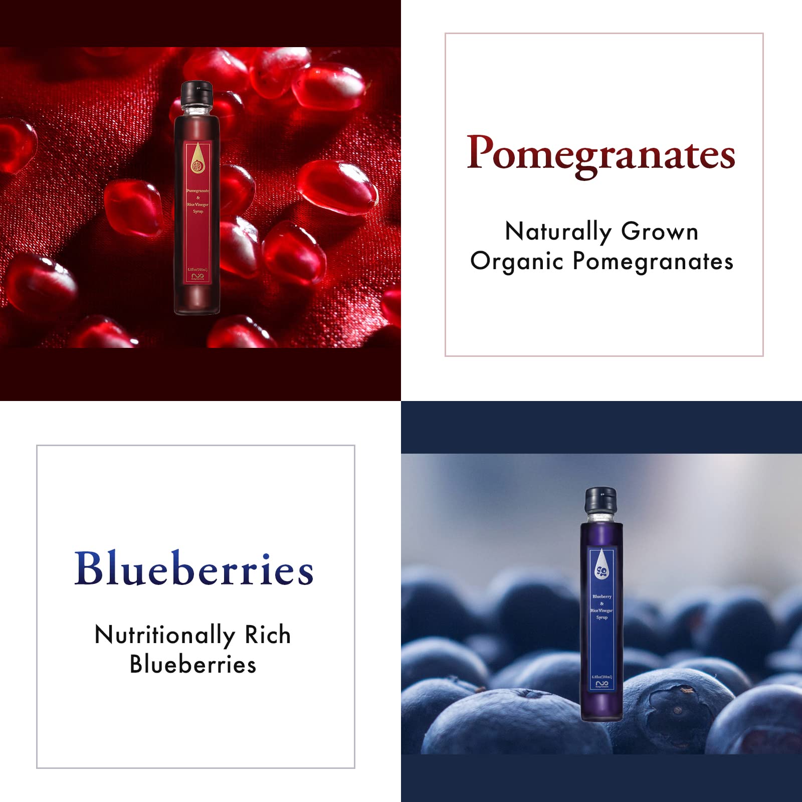 Organic Pomegranate & Blueberry Rice Vinegar Syrup - 2 Pack (200ml/6.8oz Each) | Japanese Drinking Vinegar for Cocktails, Mocktails & Healthy Beverages | Antioxidant-Rich Digestive Tonic