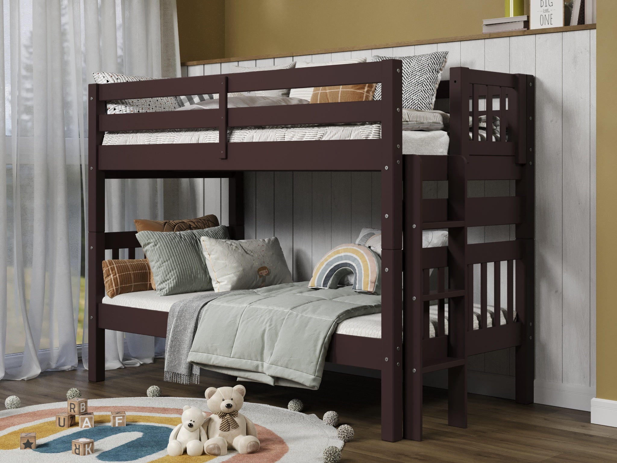 Twin Over Twin Bunk Bed with End Ladder - Dark Cherry Finish for Kids' Bedroom, Dorm Room or Space-Saving Sleep Solution