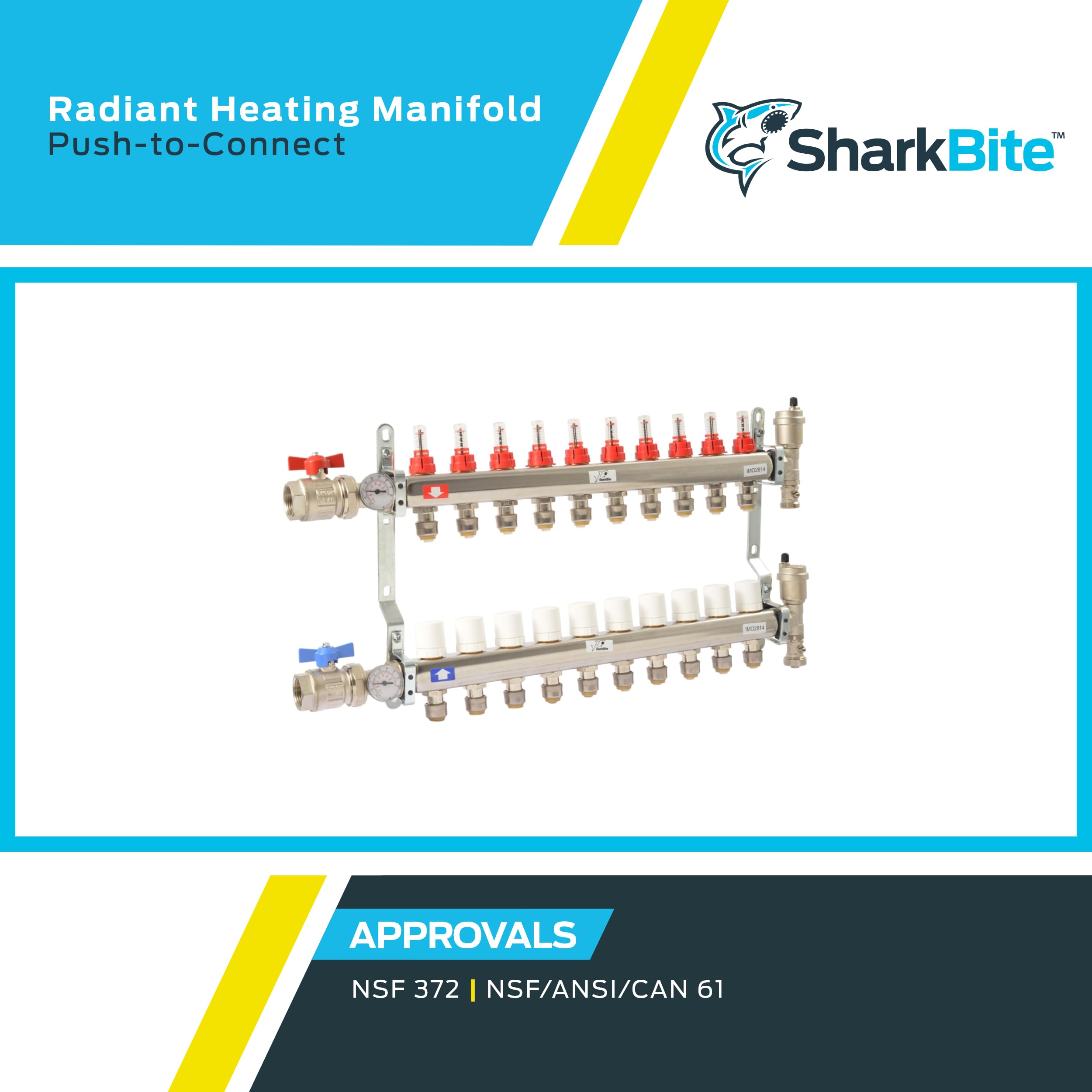 SharkBite 10 Loop Radiant Heating Manifold - Push to Connect Brass Plumbing Fitting for PEX Pipe & PE-RT (Model 24937) - Perfect for Hydronic Heating Systems & Underfloor Heating Installations