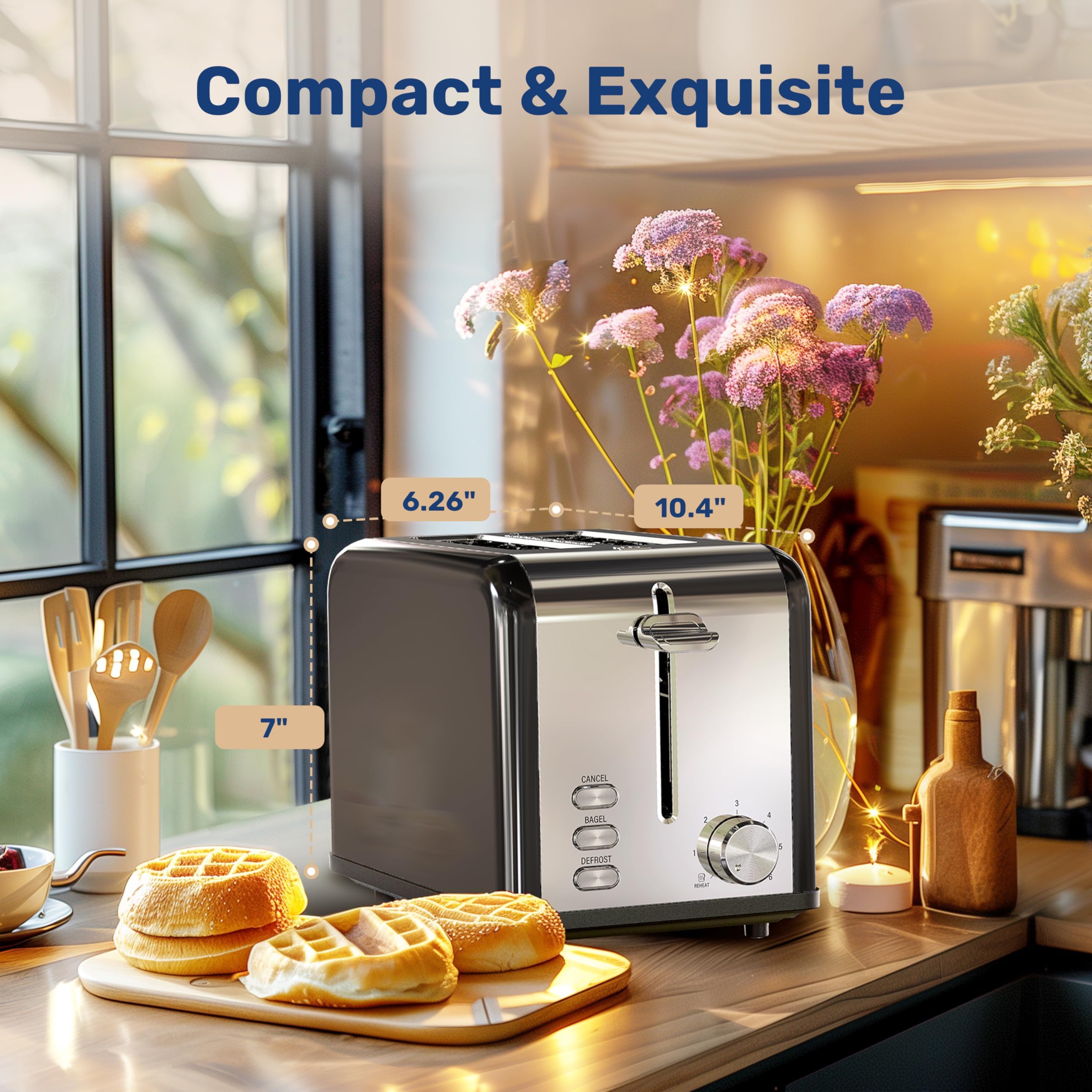 YSSOA 2-Slice Stainless Steel Toaster with 6 Browning Settings & 3 Functions - Extra Wide Slots for Bread, Bagels & Waffles - Removable Crumb Tray - Perfect for Breakfast, Office & Dorm Rooms - Black