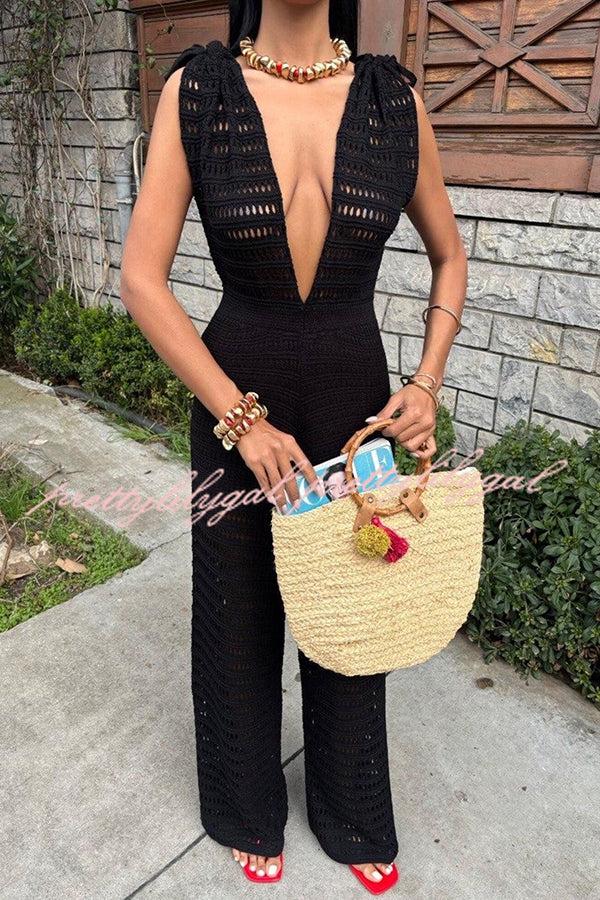 Stylish Solid Color Knitted V-Neck Casual Jumpsuit for Women | Holiday & Everyday Wear | Perfect for Beach, Party, and Office Outfits