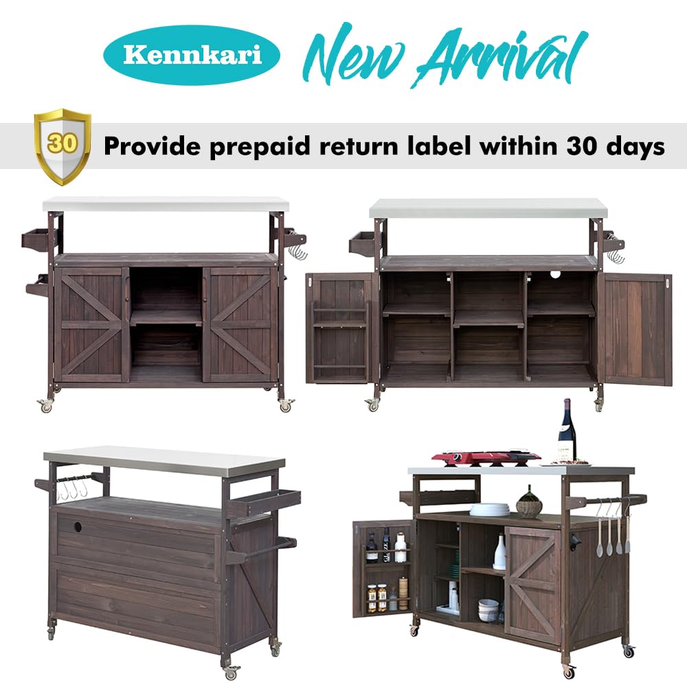 Outdoor Rolling Kitchen Island on Wheels with Storage Cabinet - Solid Wood Mobile Kitchen Cart with Stainless Steel Top - Farmhouse Style Grill Cart for Patio, BBQ & Outdoor Cooking (Dark Brown)