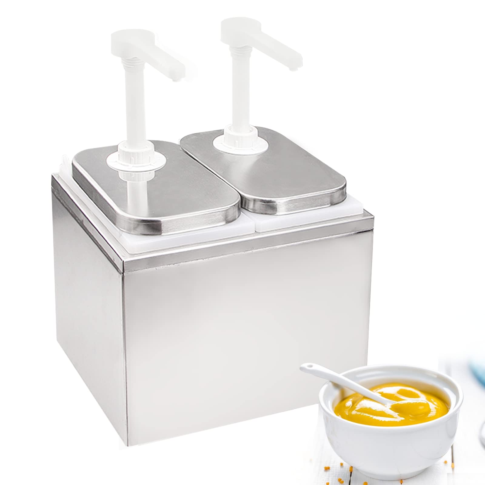 4L Stainless Steel Sauce Dispenser Pump with 2 (2.1 Quart) Jars - Commercial Condiment Pump Station for Restaurants, Cafes & Catering Services