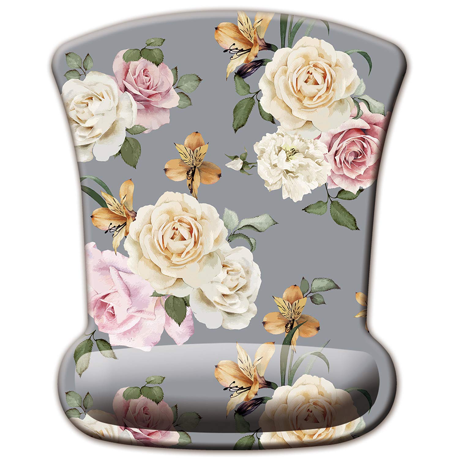 Ergonomic Memory Foam Mouse Pad with Wrist Rest - Non-Slip PU Base & Lycra Cloth Surface - Perfect for Gaming, Office & Travel - White Rose Flower Design for Computer & Laptop Users