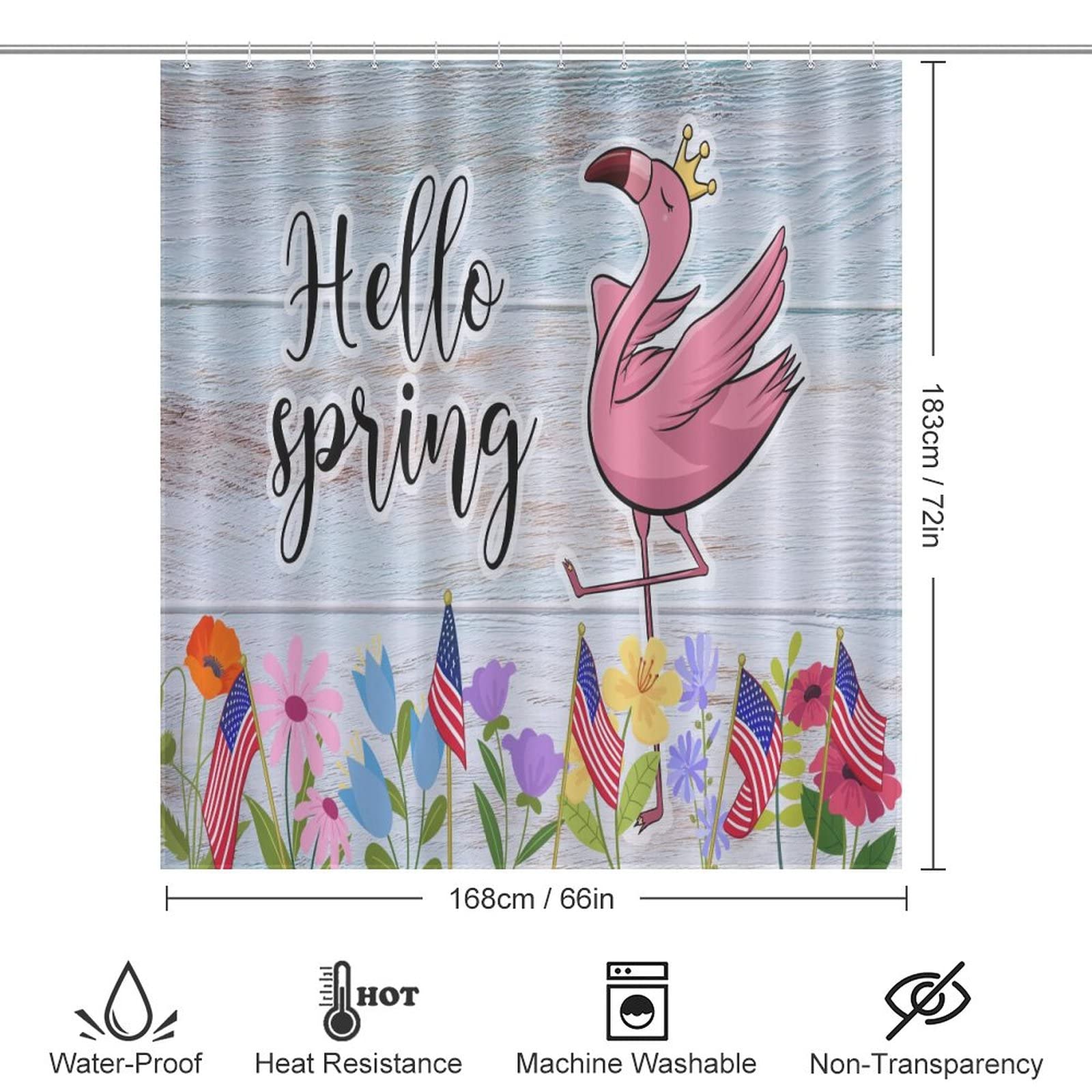 Hello Spring Wood Grain Flamingo Floral Shower Curtain - 66x72 Inch Washable Polyester Bathroom Curtain with 12 Hooks for Bathtub, Stall & Hotel Decor | Perfect for 4th of July, Summer Beach House & Tropical Bathroom Themes