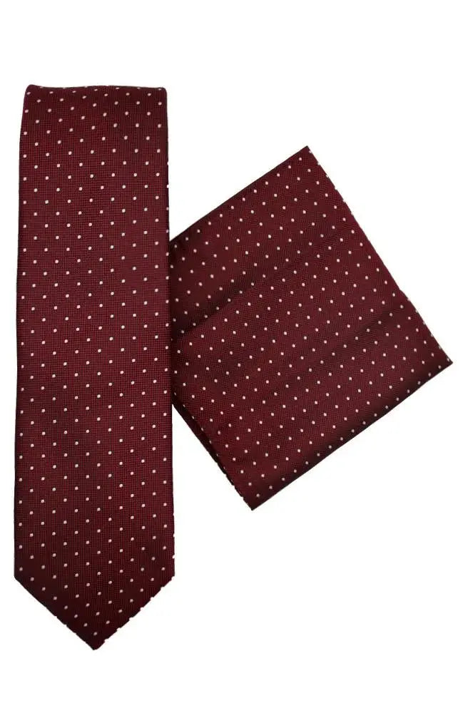 L A Smith Burgundy Polka Dot Tie and Pocket Square Set - Perfect for Weddings, Business Meetings & Formal Events