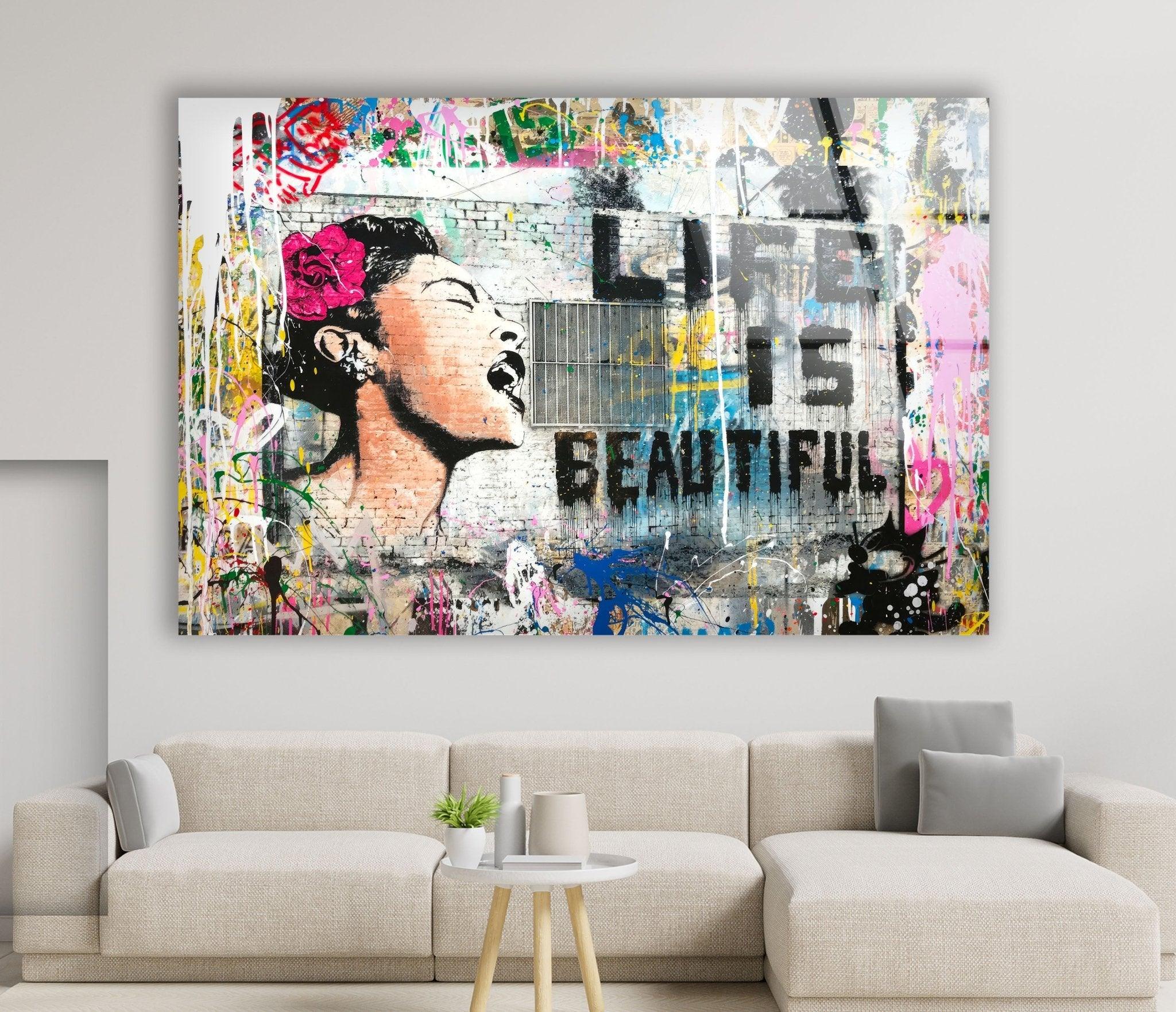 Banksy Life is Beautiful Glass Wall Art - Modern Home Decor for Living Room, Bedroom & Office - Unique Street Art Inspired Glass Print