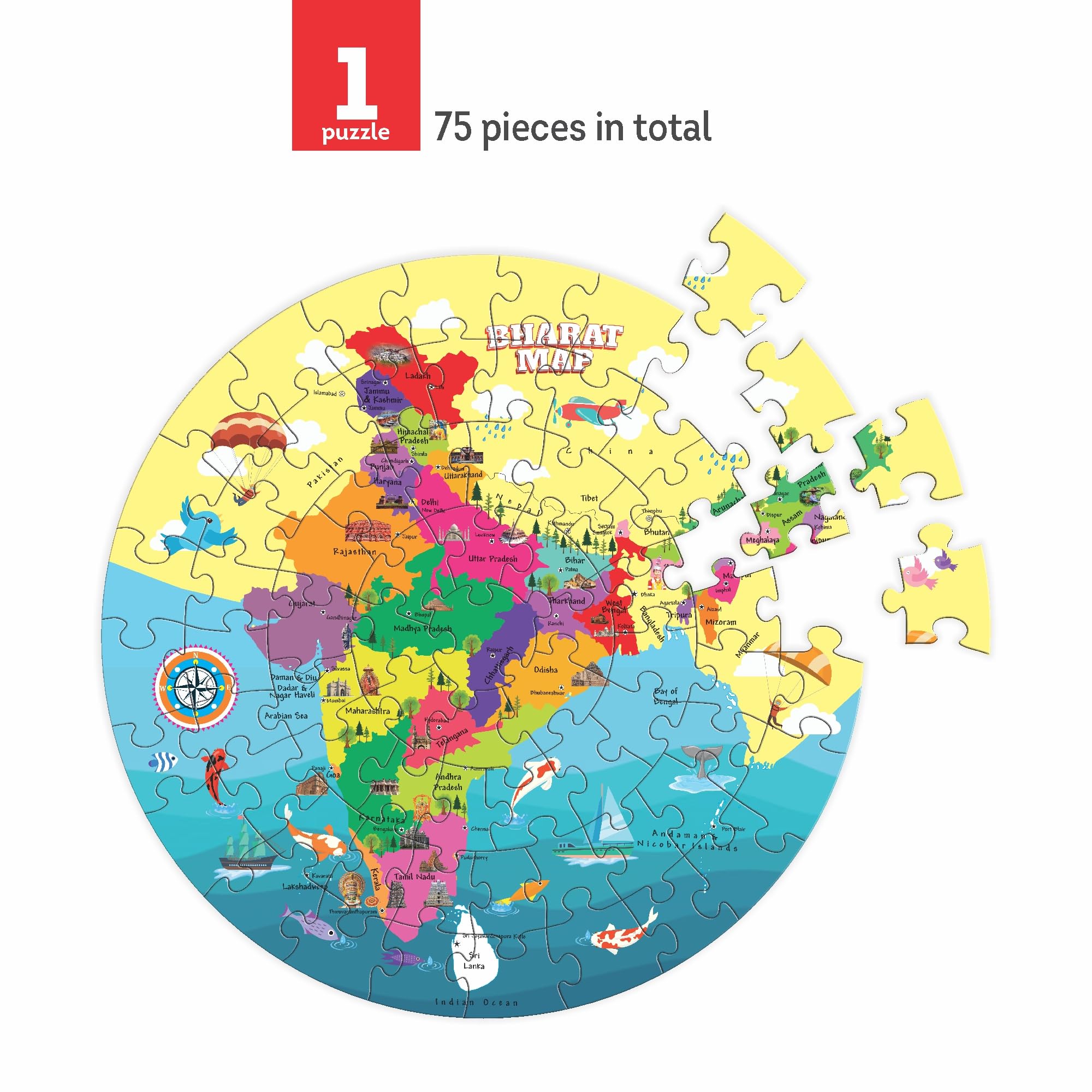Toyzmania India Map Jigsaw Puzzle for Kids Ages 3+ | Educational Learning Toy with 73 Pieces, 14 Flash Cards & Booklet | Geography Gift for Boys & Girls | Perfect for Classroom, Homeschool & Family Game Night