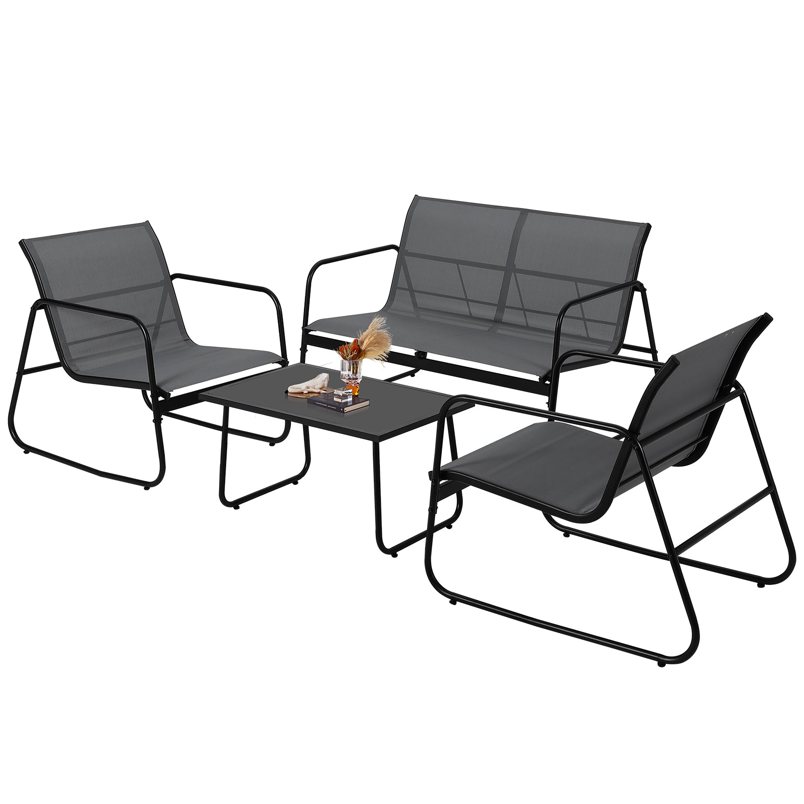 GARVEE 4-Piece Outdoor Patio Furniture Set with Glass Coffee Table - Heathered Grey Fabric & Black Frame - Perfect for Garden, Poolside, Lawn or Backyard Relaxation