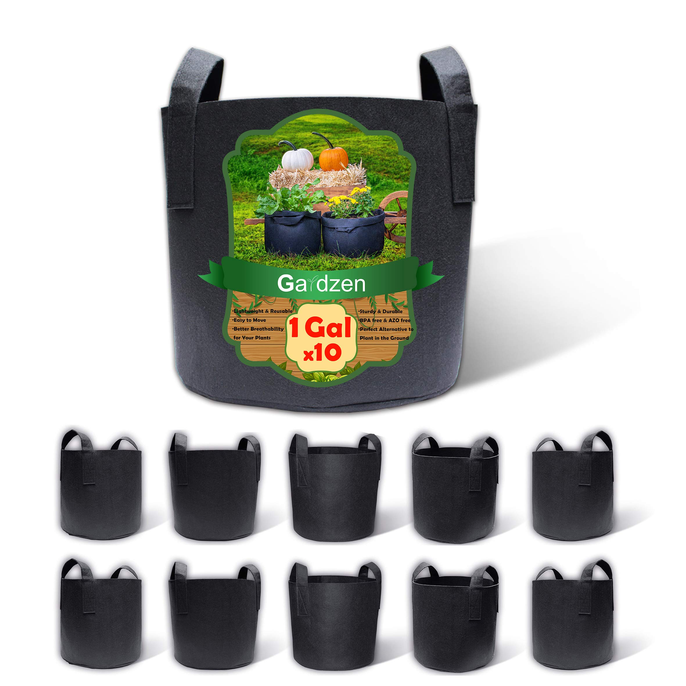 Gardzen 10-Pack 1 Gallon Aeration Fabric Grow Bags with Handles - Durable Plant Pots for Indoor/Outdoor Gardening, Vegetables, Herbs & Flowers